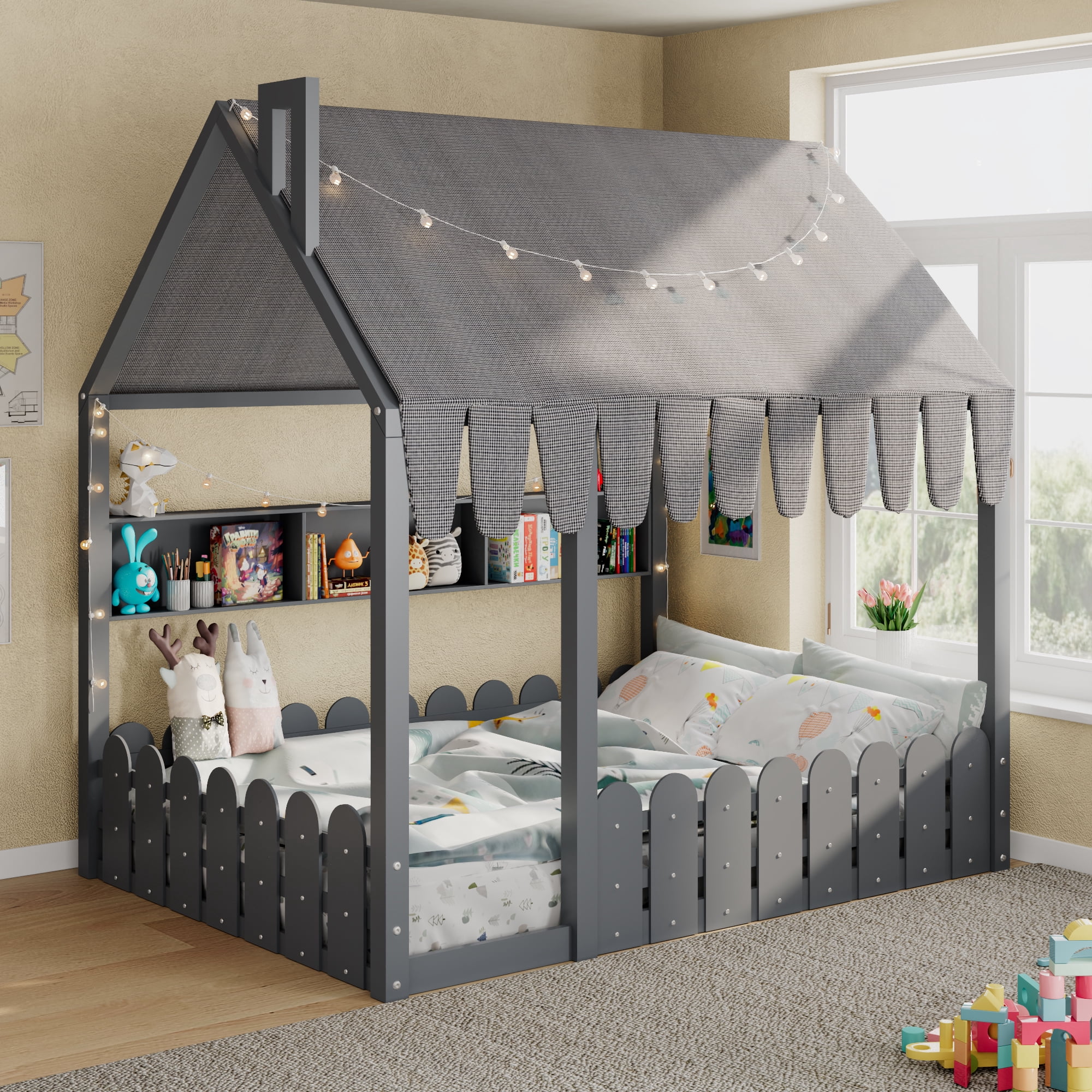 Aukfa Full Size House Bed with Fence and Tent for Kids, Wooden Montessori Bed with LED Lights & Storage Shelves for Toddler Boys and Girls Bedroom, Gray