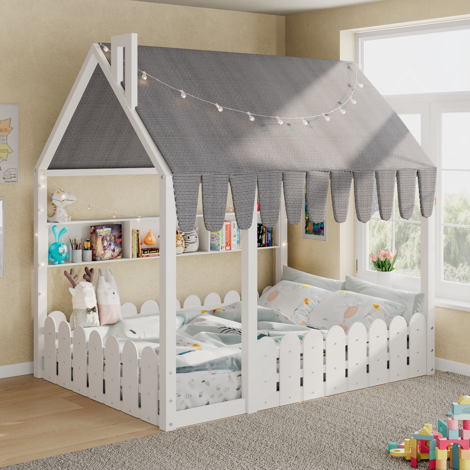 Aukfa Full Size House Bed with Fence and Tent for Kids, Wooden Montessori Bed with LED Lights & Storage Shelves for Toddler Boys and Girls Bedroom, White