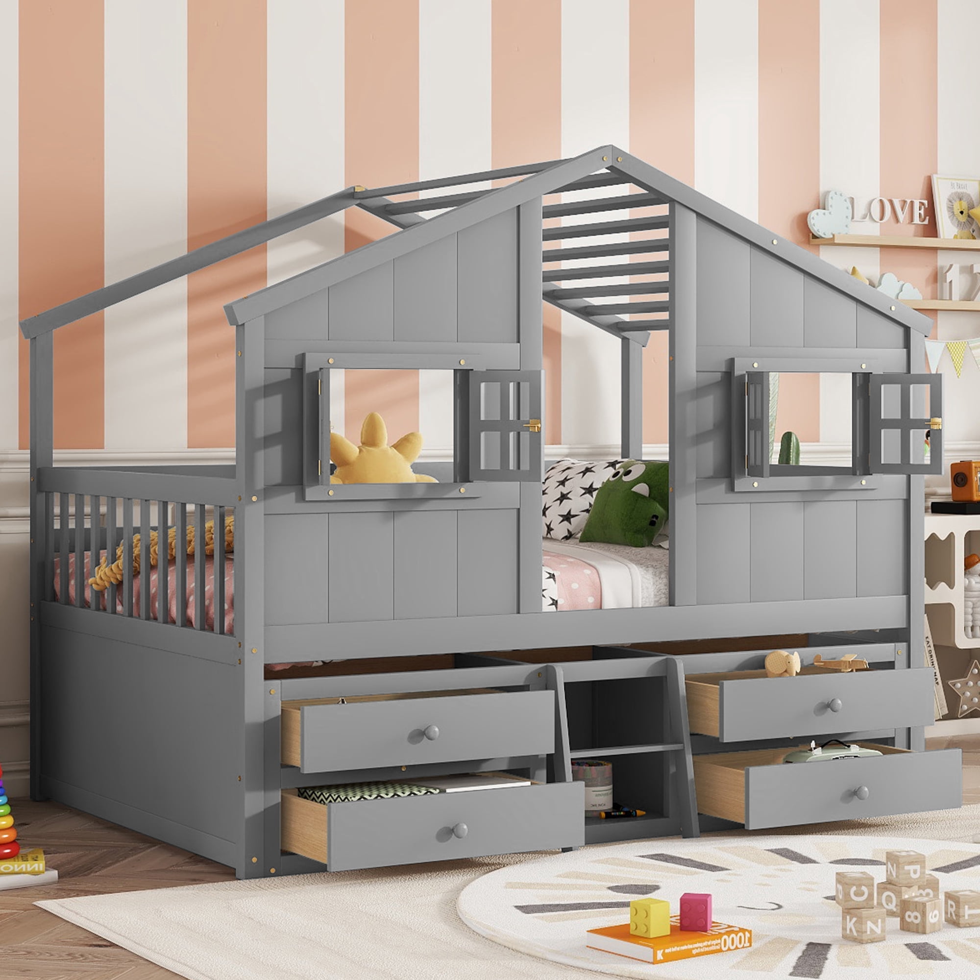 Aukfa Full Size House Bed Frame with 4 Storage Drawers, Wood Low Loft Playhouse Bed with Roof and Fence for Kids, Boys, Girls, and Teens, Gray