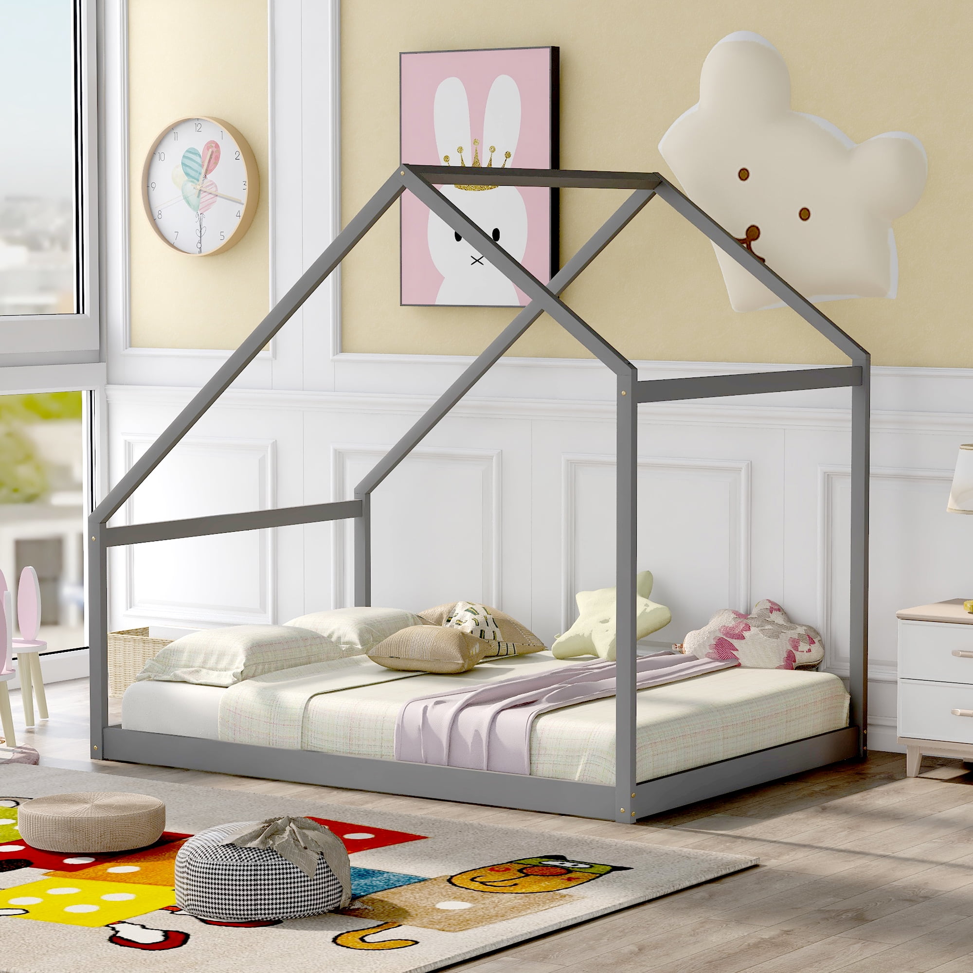 Aukfa Full Size House Bed for Kids, Platform Bed with Roof, Wood - Gray