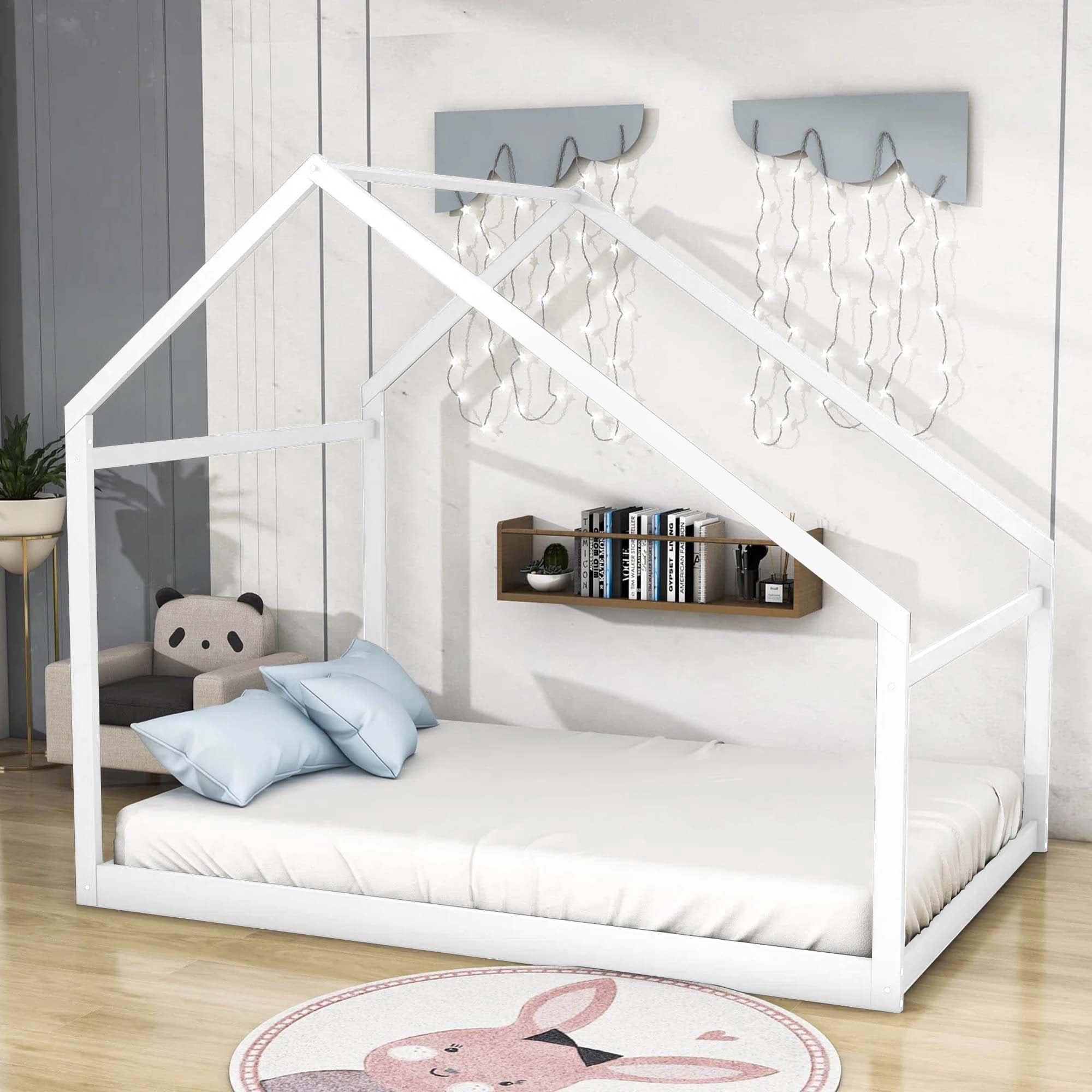 Aukfa Full Size House Bed for Kids, Platform Bed with Roof, Wood - White