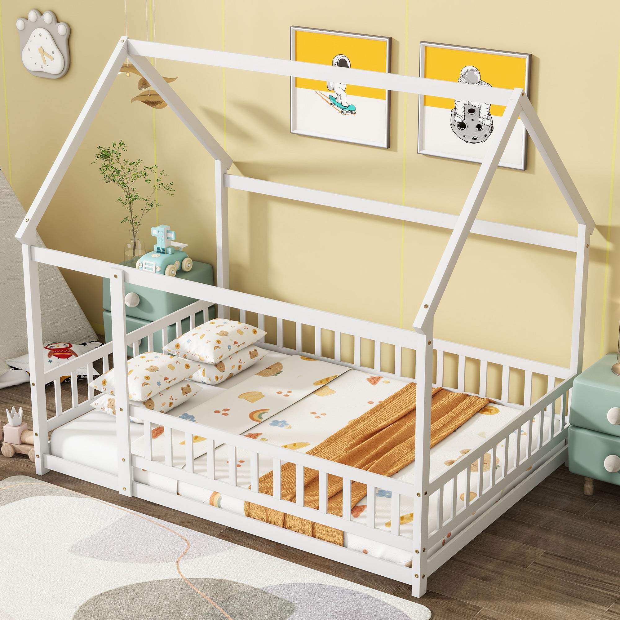 Aukfa Full Size House Bed with Roof, Wood Floor Bed Frame with Fence for Kids Toddler, White