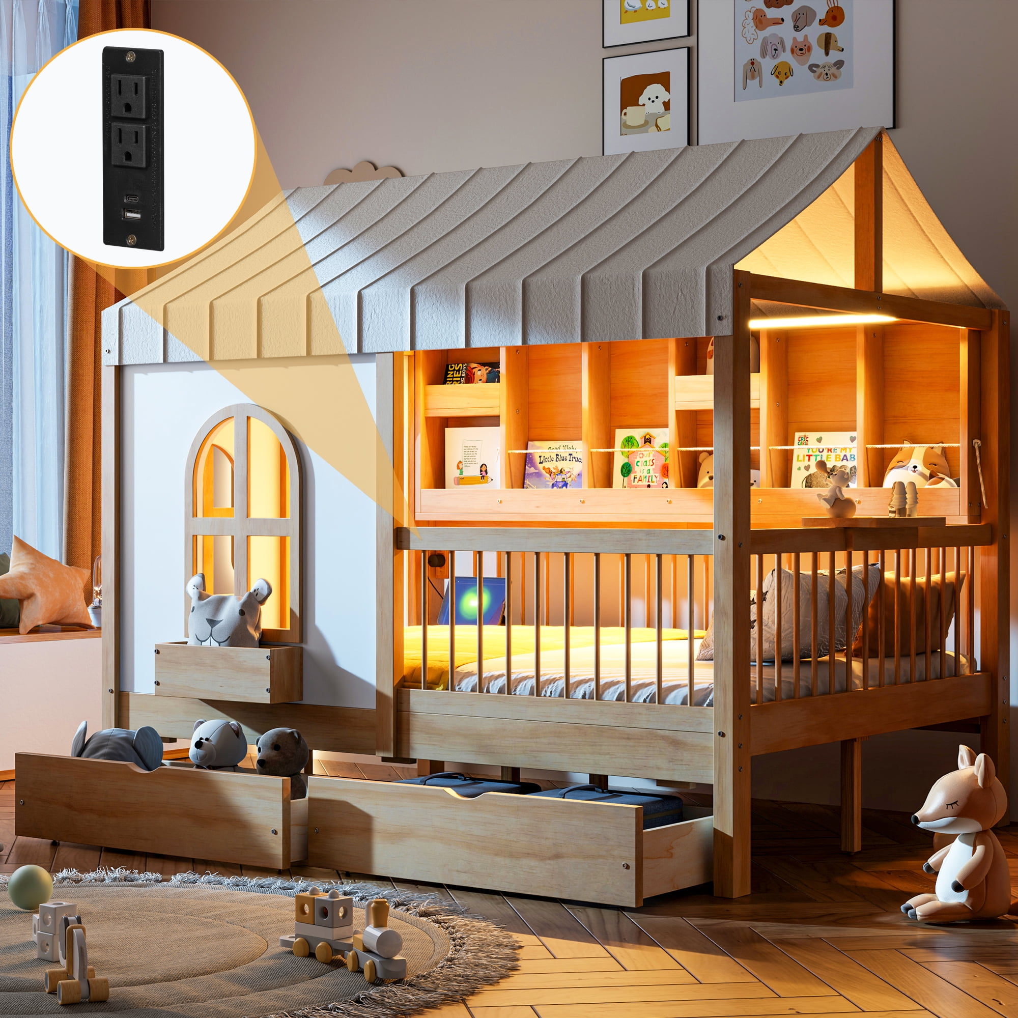 Aukfa Full Size House Bed with Storage Drawers, USB & Type-C, Tent, Side Bookshelf with LED Strip, Wood Playhouse Bed for Kids, Natural