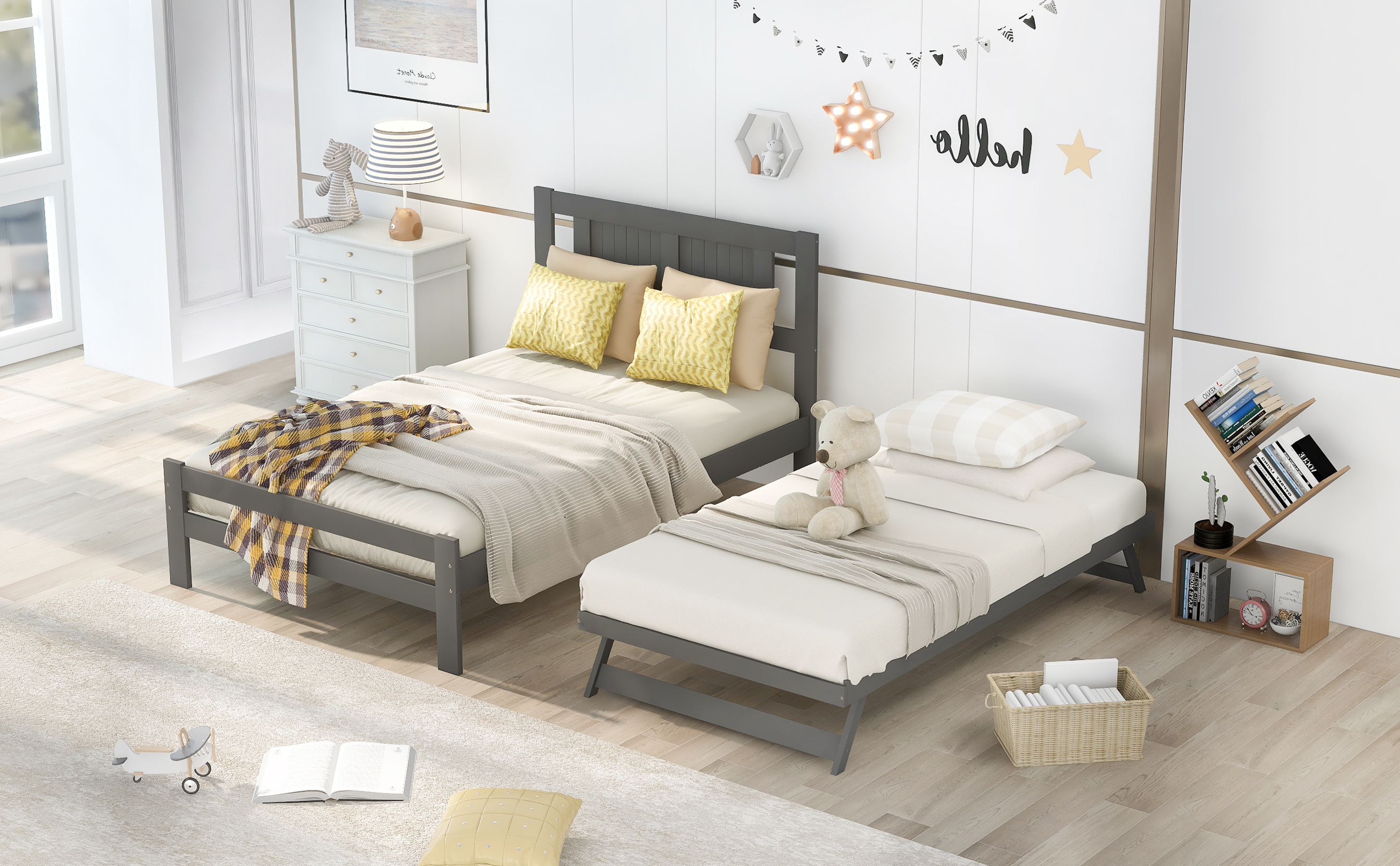 Aukfa Full Size Kids Trundle Bed with Headboard, Wood Bed Frame with