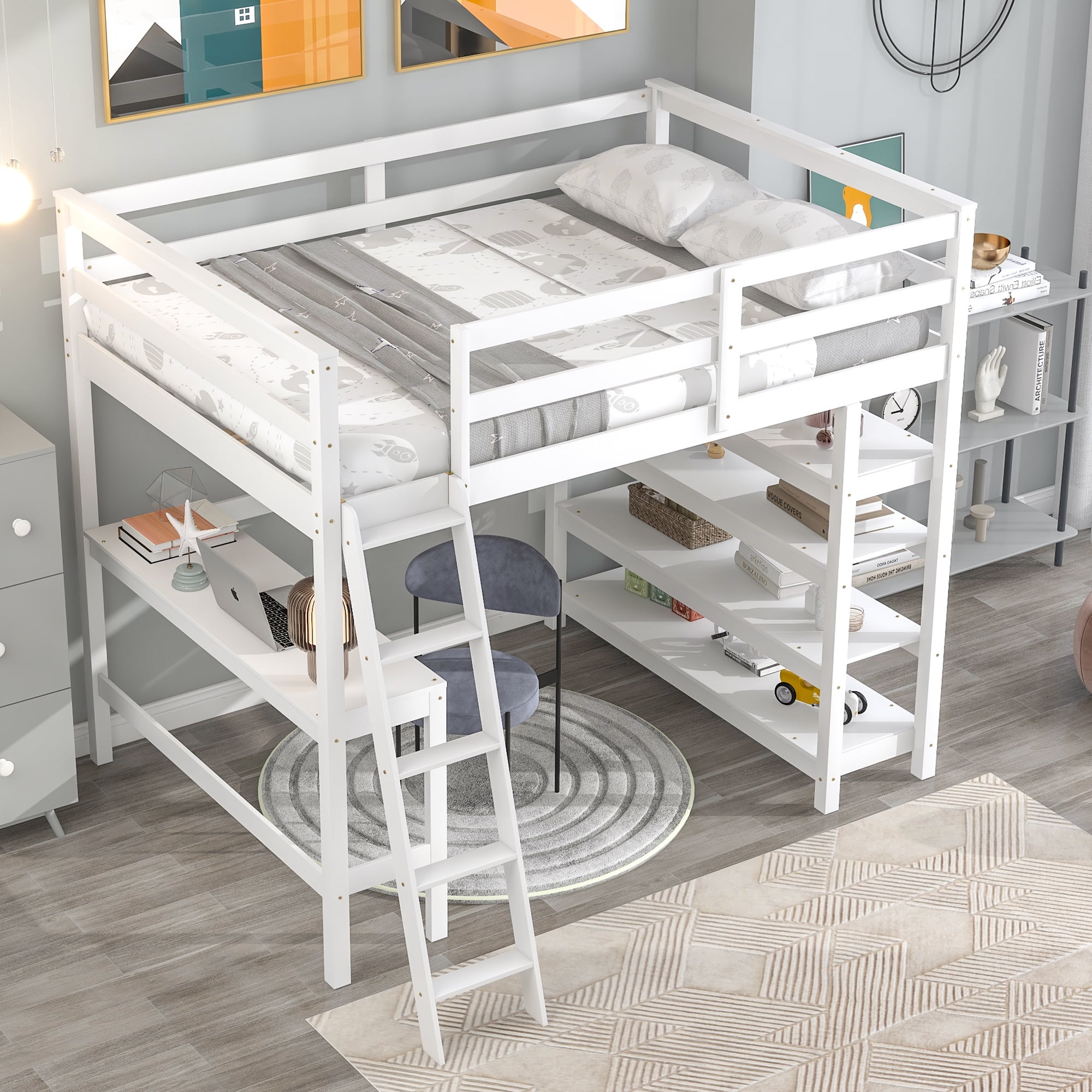 Aukfa Full Size Loft Bed, Wood Bedframe with Desk and Shelves for