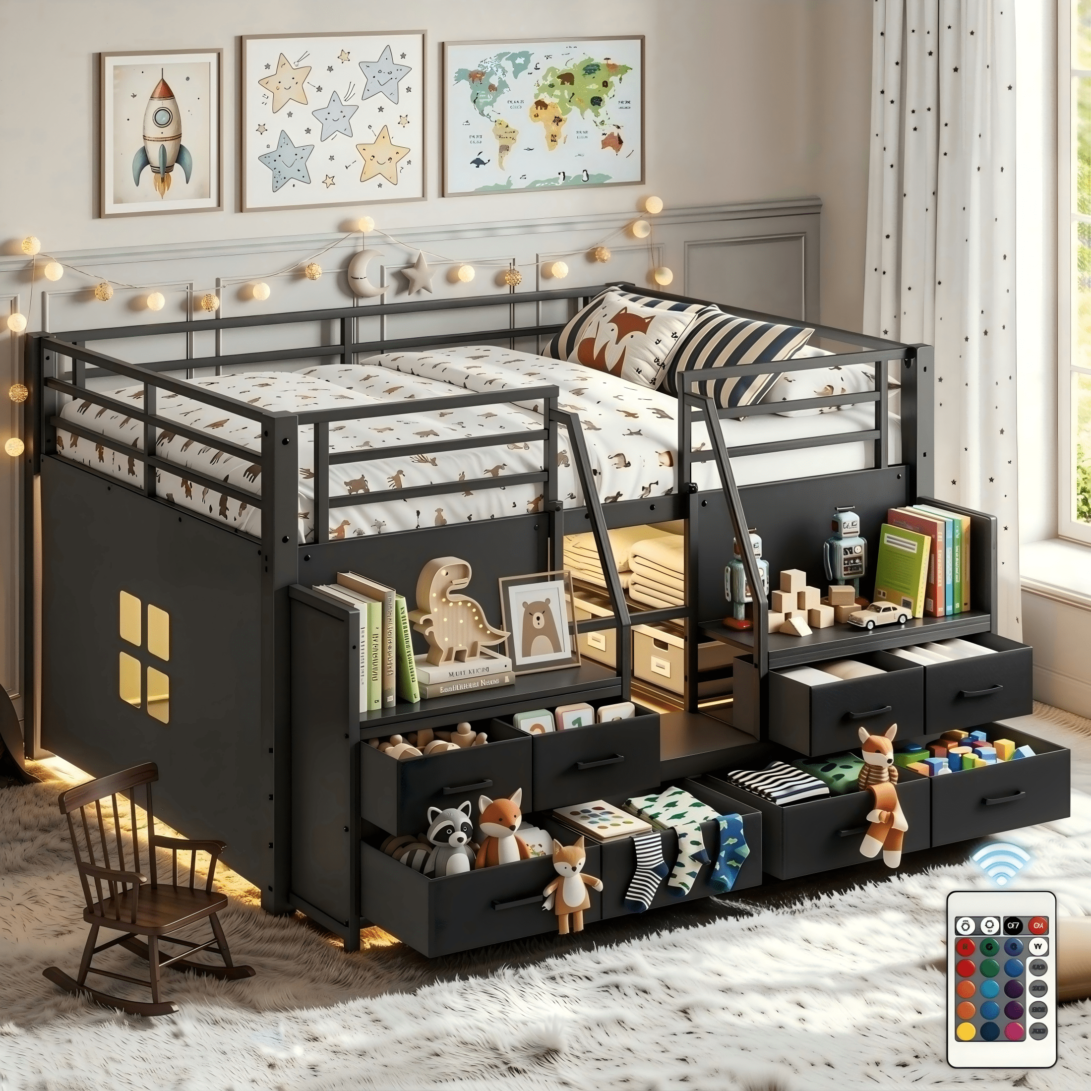 Aukfa Full Size Loft Bed with 8 Storage Drawers, Shelves & LED Lights, Metal Low Loft Bed for Kids Bedroom, Black