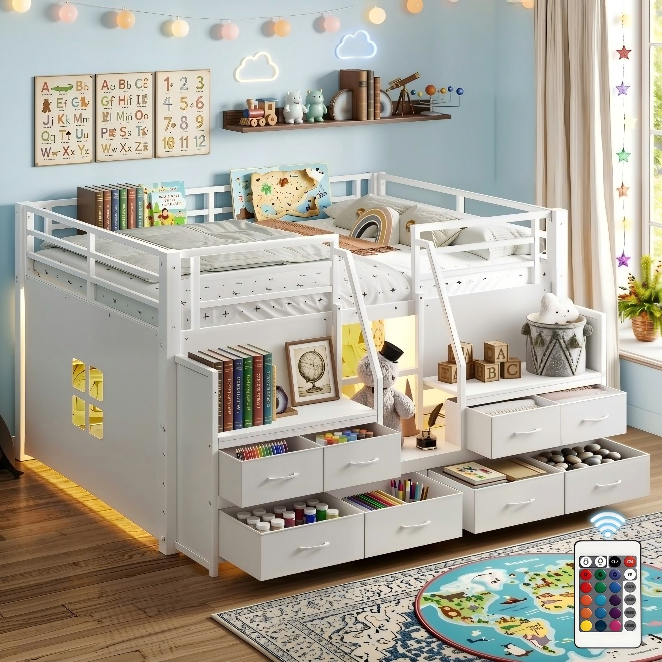 Aukfa Full Size Loft Bed with 8 Storage Drawers, Shelves & LED Lights, Metal Low Loft Bed for Kids Bedroom, White