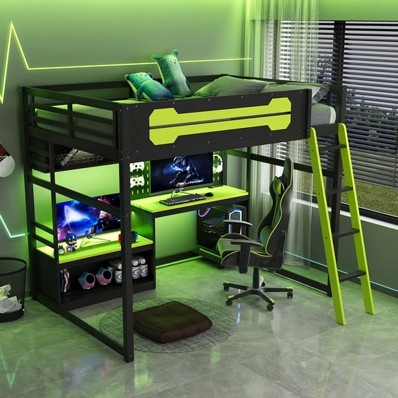 Aukfa Full Size Loft Bed with Desk, Shelves, LED Lights, USB Ports & Pegboard, Wood Gaming Esports Loft Bed with Storage, Green