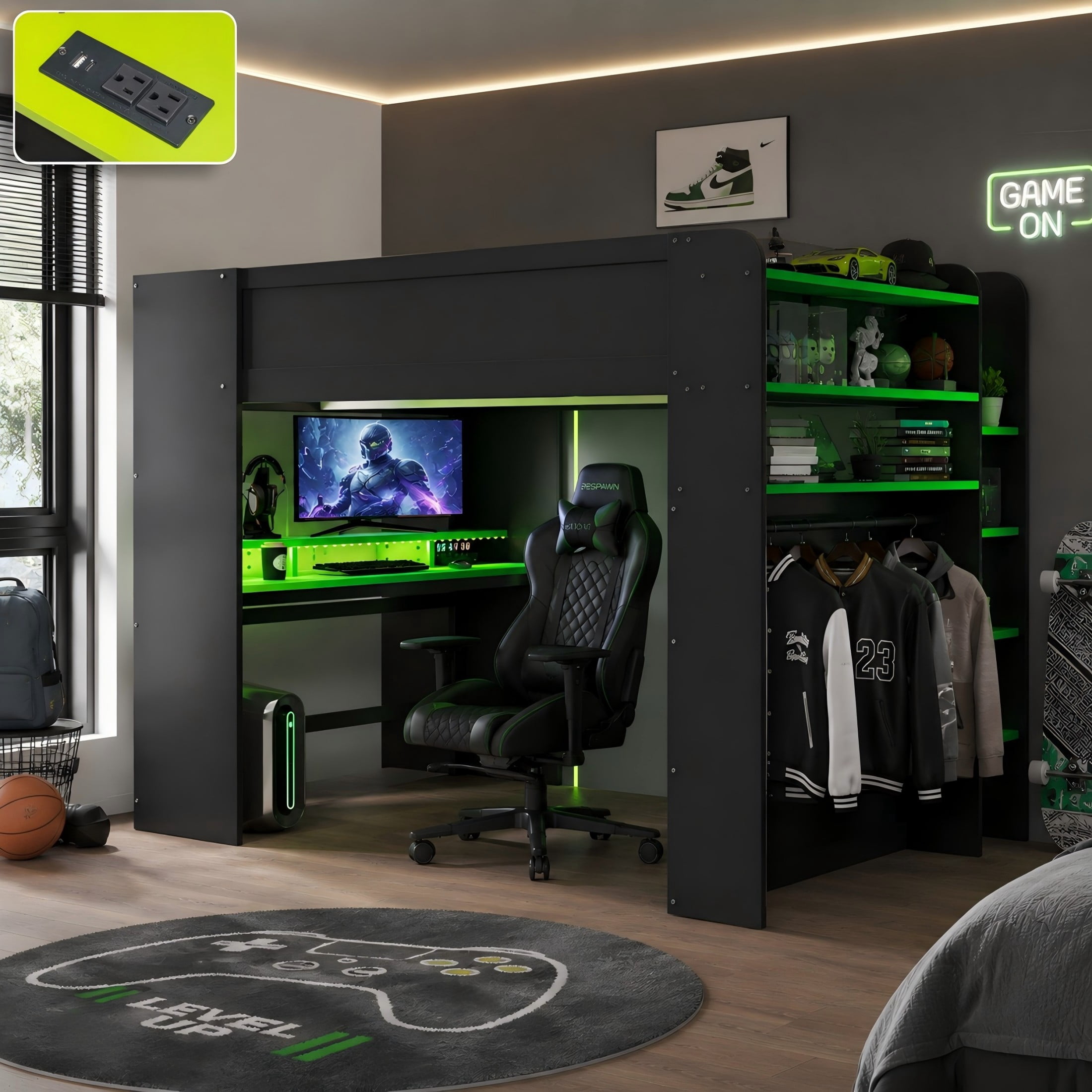 Aukfa Full Size Loft Bed with Desk, Wardrobe, USB Port and RGB Lights, Wood Gaming Loft Bed for Kids Teens Adults, Green