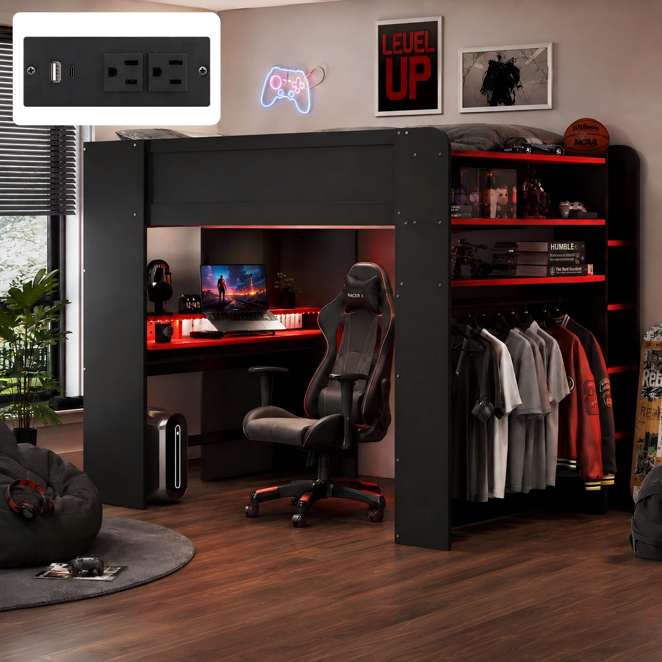 Aukfa Full Size Loft Bed with Desk, Wardrobe, USB Port and RGB Lights, Wood Gaming Loft Bed for Kids Teens Adults, Red