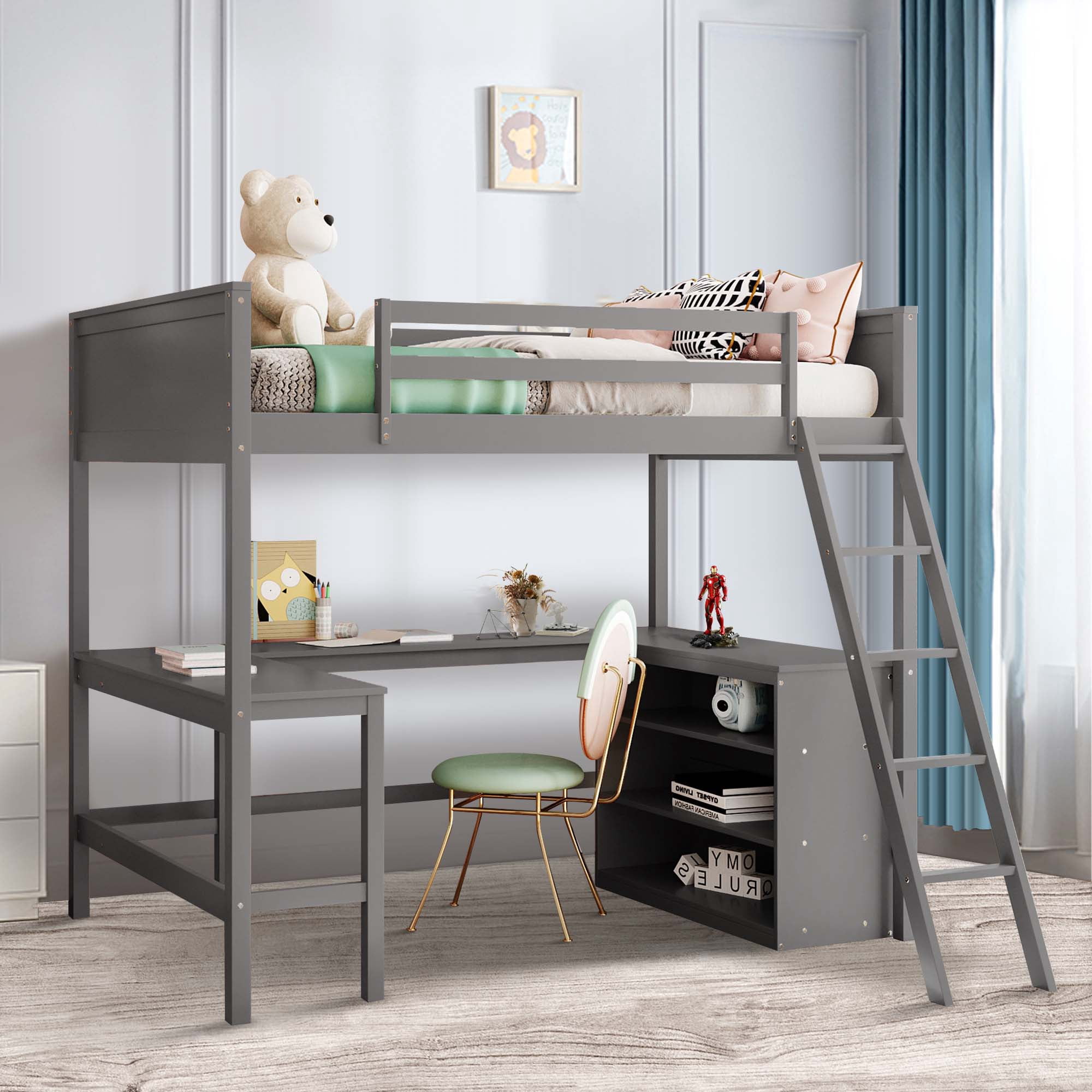Aukfa Full Size Loft Bed with Desk and Shelves, Solid Wood Platform Loft Bed for Kids Teens Dorm - Gray