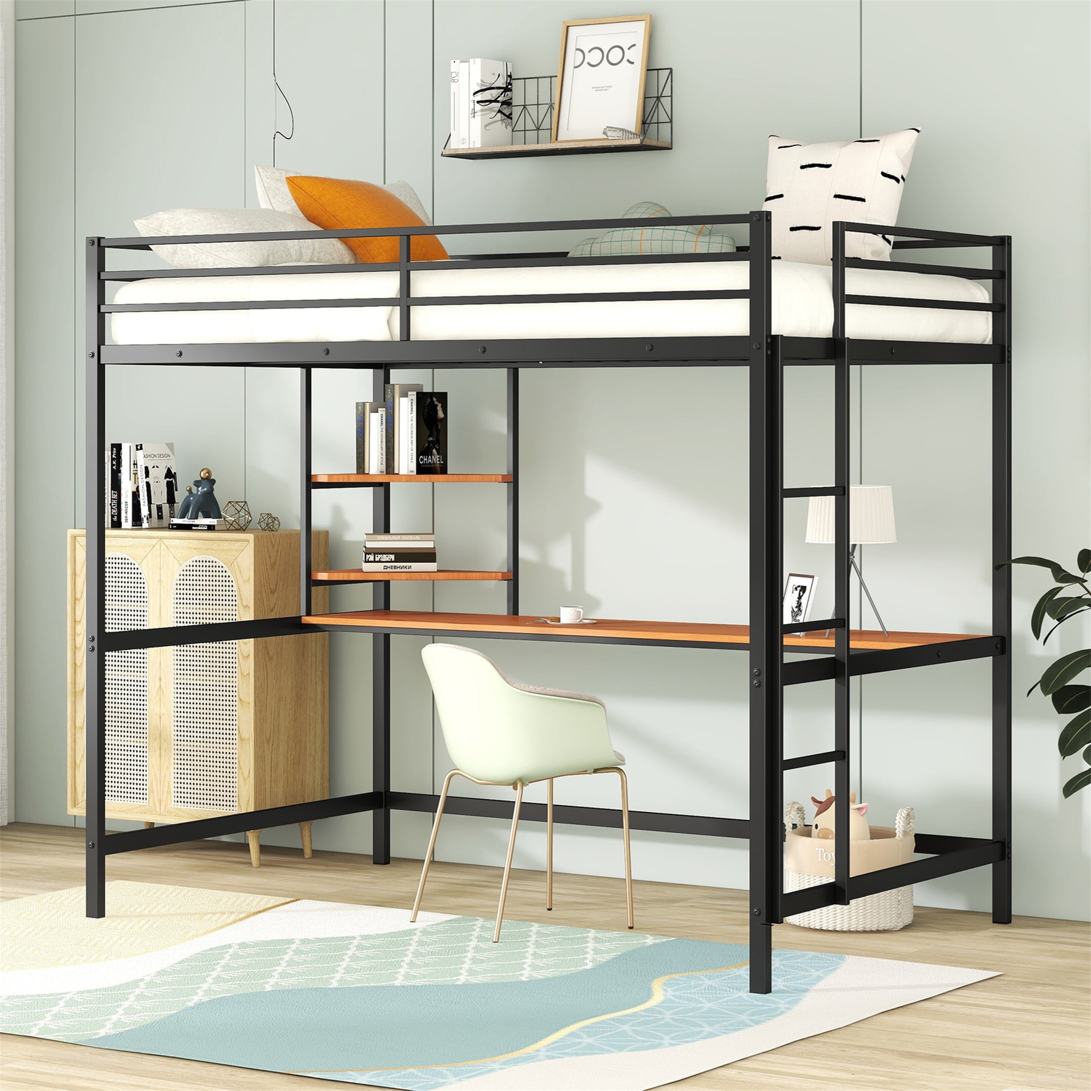 Aukfa Full Size Loft Bed with Desk and Shelves for Adults Teens