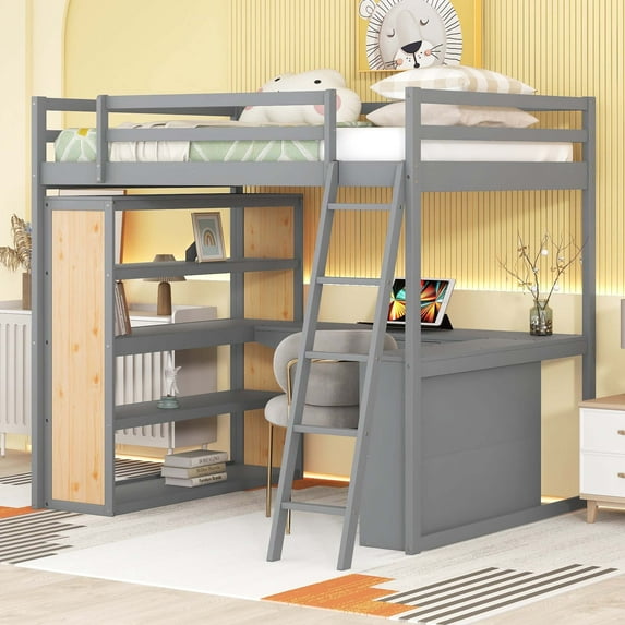 Aukfa Full Size Loft Bed with Desk and Storage Shelves, Wood Loft Bed with Drawer for Kids, Teens - Gray