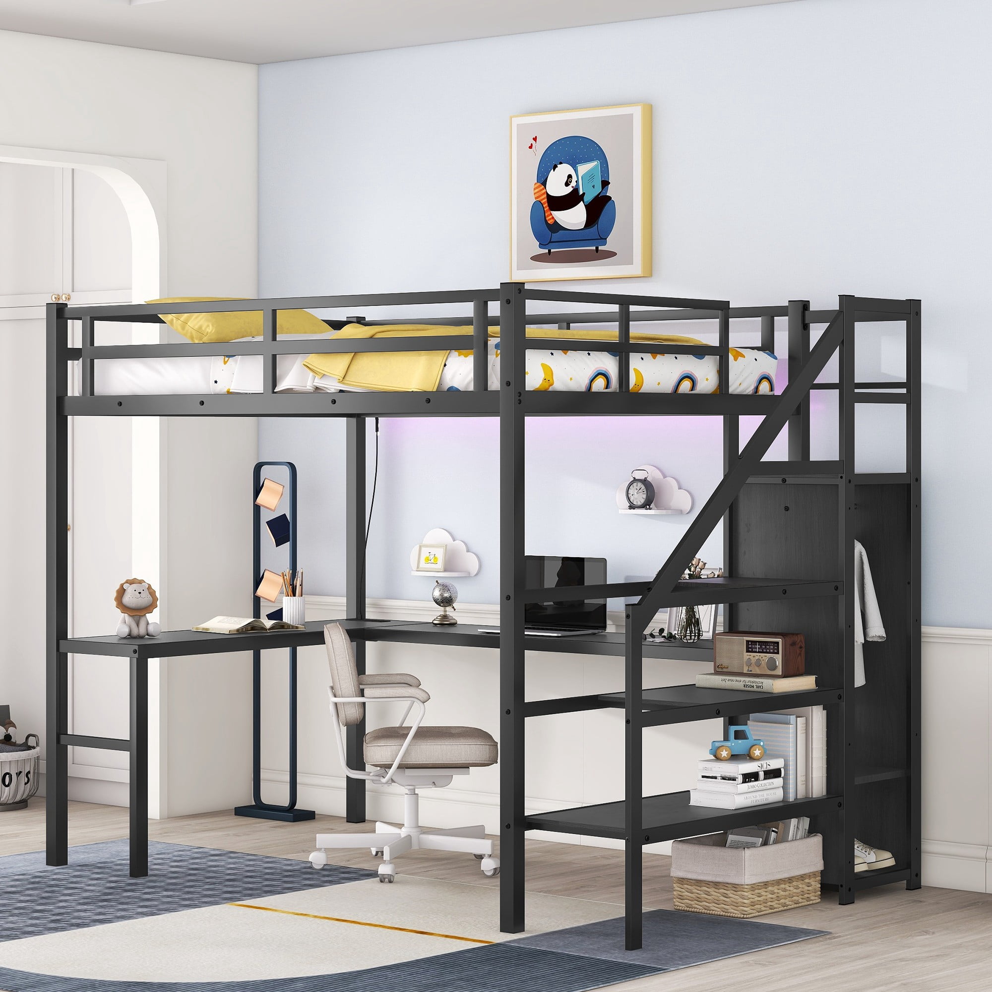 Aukfa Full Size Loft Bed with Desk and Wardrobe, Metal Loft Bed with USB Ports, LED Light and Staircase for Kids Teens - Black