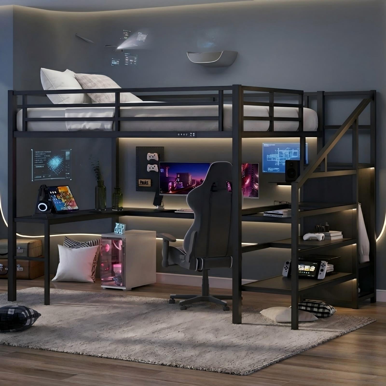 Aukfa Full Size Loft Bed with L-Shaped Gaming Desk, Wardrobe, USB Ports & RGB Lights, Metal Loft Bed for Kids, Teens & Adults, Black
