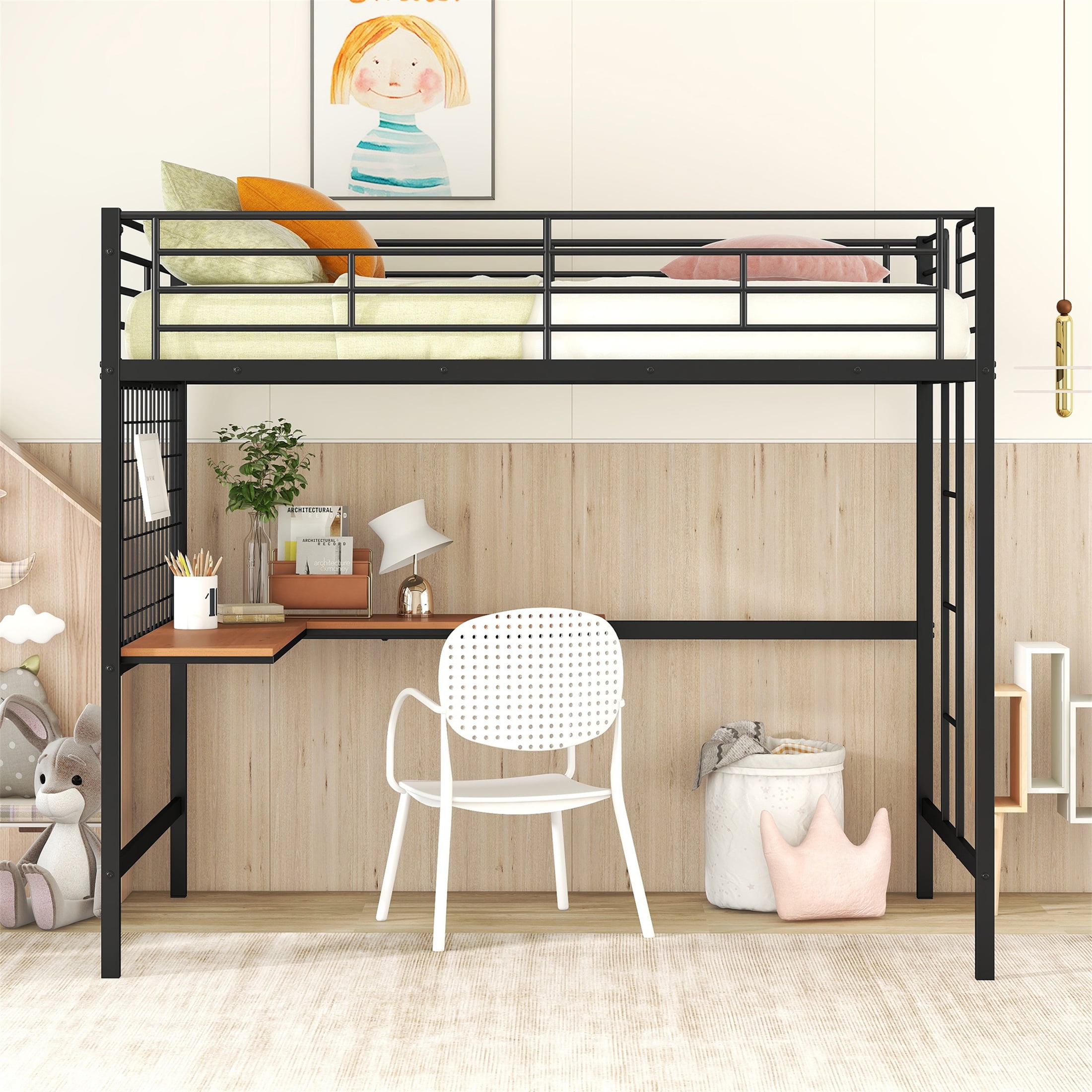 Aukfa Full Size Loft Bed with L shape Desk, Heavy Duty Metal Bed Frame for Teens Adults, Black