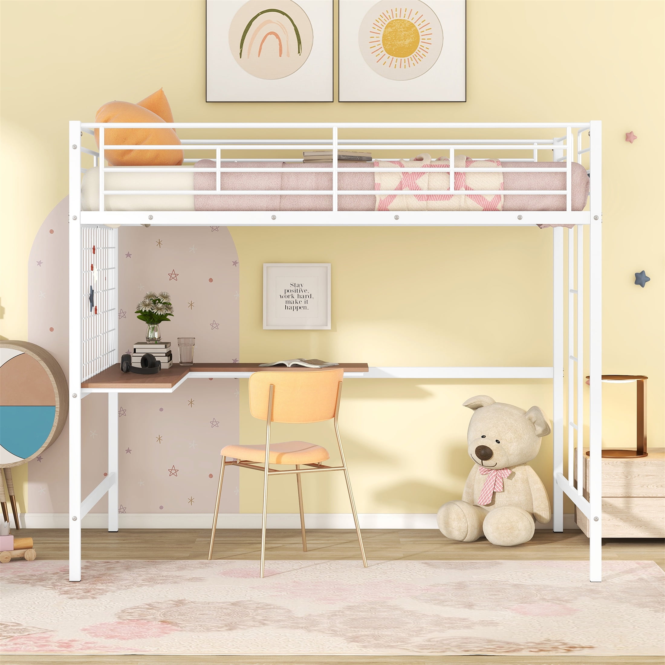 Aukfa Full Size Loft Bed with L shape Desk, Heavy Duty Metal Bed Frame for Teens Adults, White