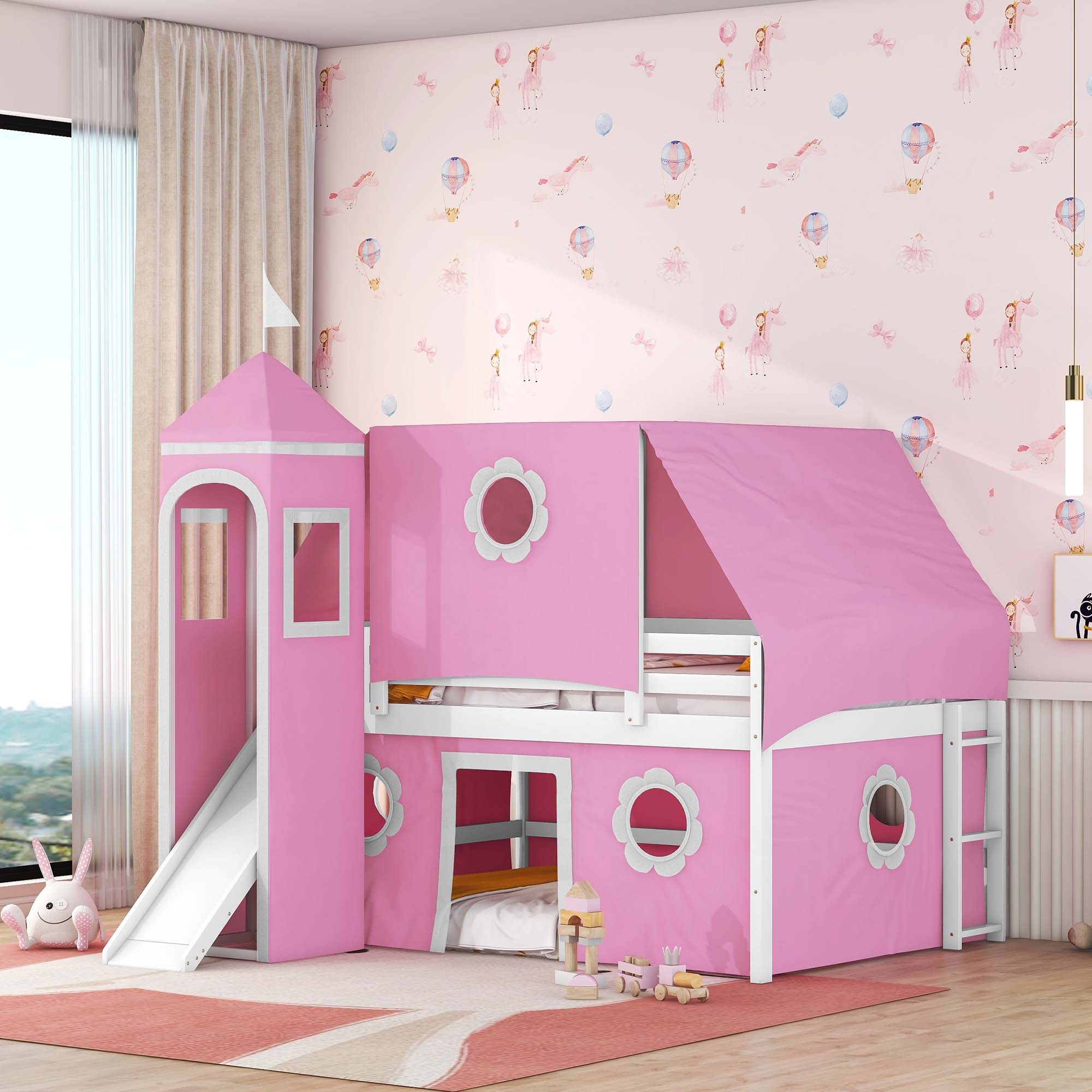 Aukfa Full Size Loft Bed With Slide Princess Castle Bed With Tent And Aukfa Full Size Loft Bed With Slide Princess Castle Bed With Tent And