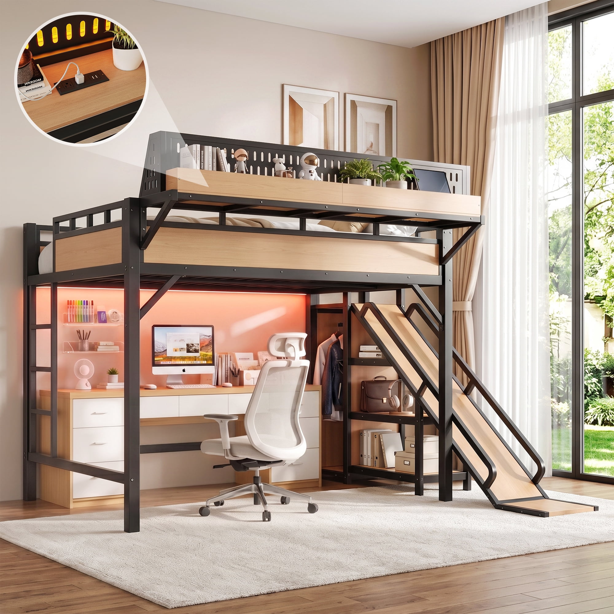 Aukfa Full Size Loft Bed with Slide, Shelves, Wardrobe, USB Ports & LED Lights, Heavy-Duty Metal Bed Frame for Kids Teens Adults, Natural