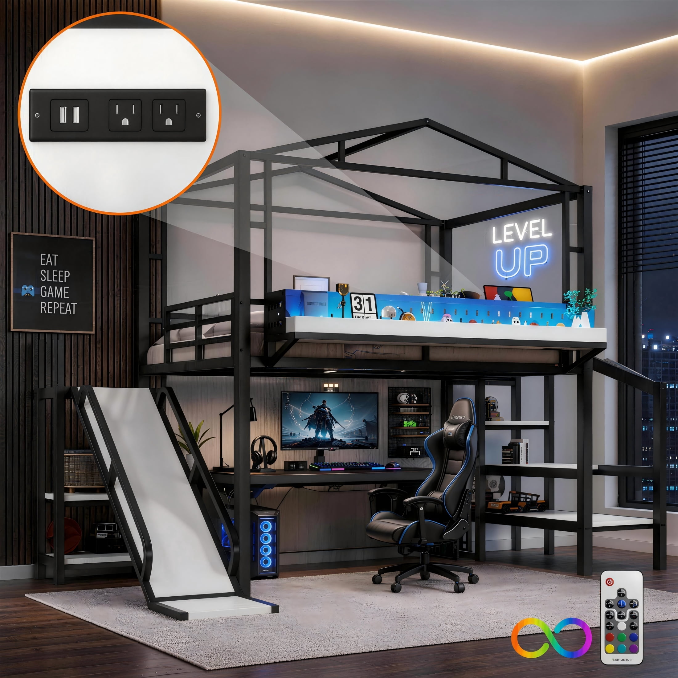 Aukfa Full Size Loft Bed with Storage Stairs, Slide, Shelves, USB Ports and LED Lights, Metal Loft Bed for Kids, Noise-Reduced Design, Black