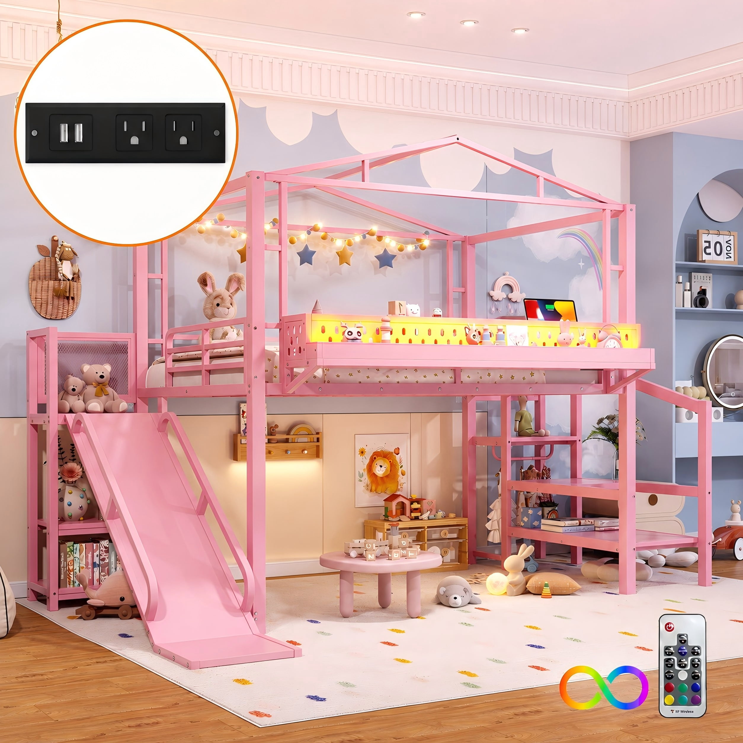 Aukfa Full Size Loft Bed with Storage Stairs, Slide, Shelves, USB Ports and LED Lights, Metal Loft Bed for Kids, Noise-Reduced Design, Pink