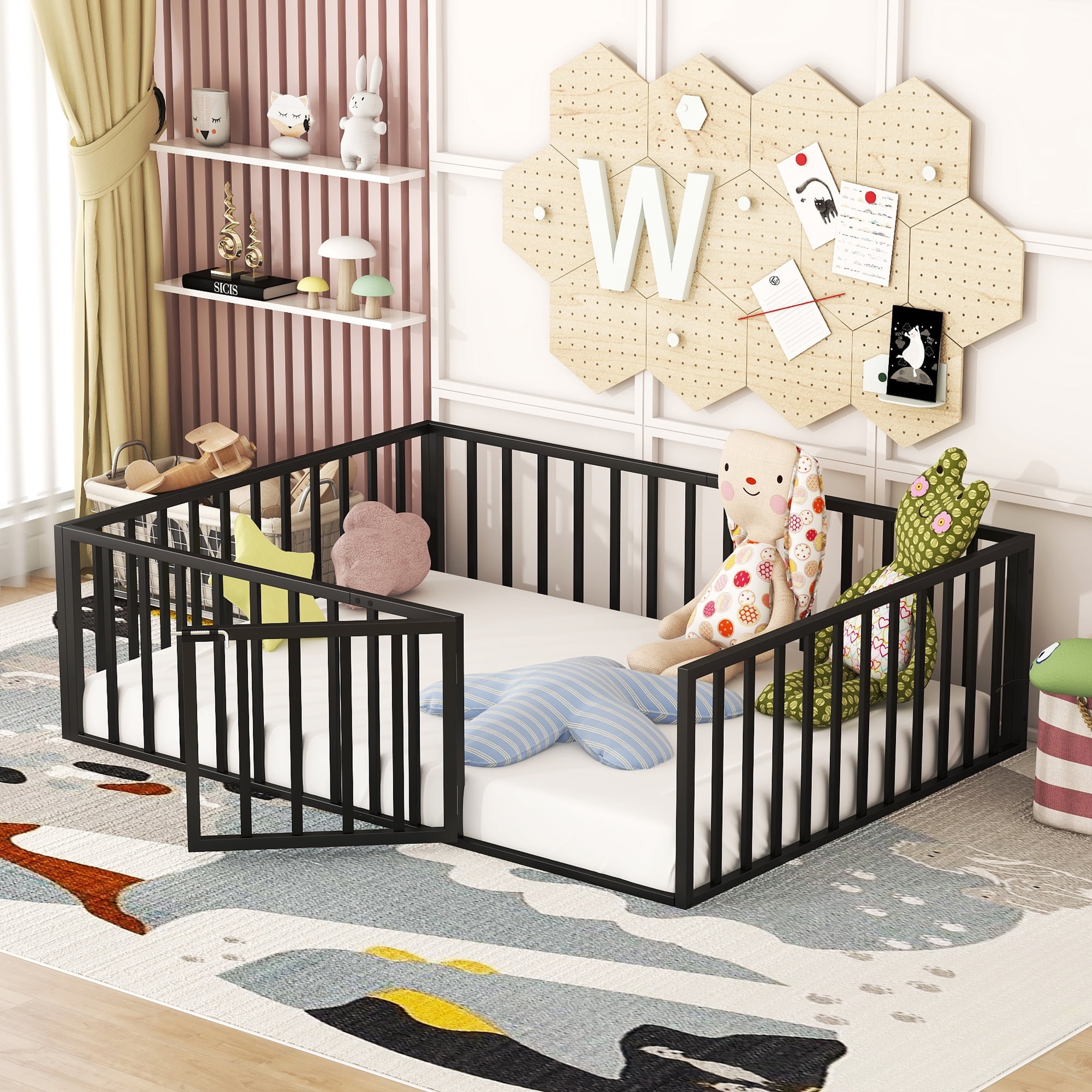 Aukfa Full Size Metal Bed Frame with with Fence and Door, Floor Bed for Kids Toddler, Black