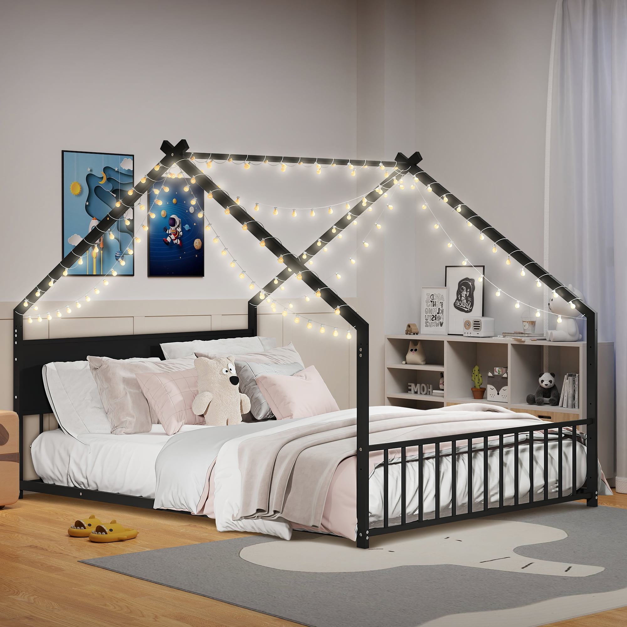 Aukfa Full Size Metal House Bed Frame with LED Lights, Montessori Floor Bed for Kids & Toddlers, Modern Kids Room Furniture, Black
