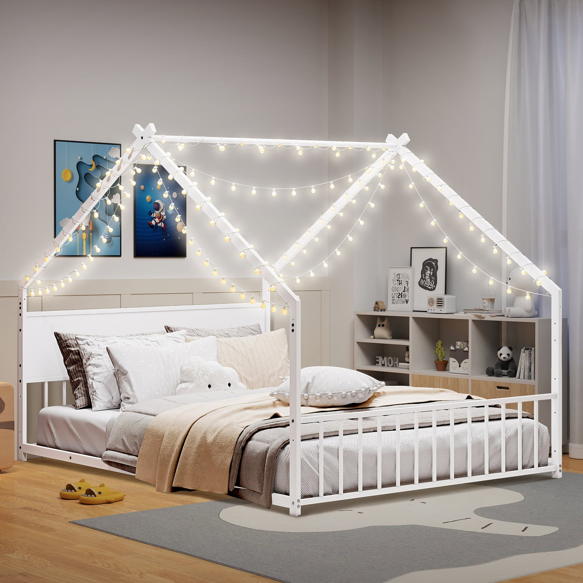 Aukfa Full Size Metal House Bed Frame with LED Lights, Montessori Floor Bed for Kids & Toddlers, Modern Kids Room Furniture, White