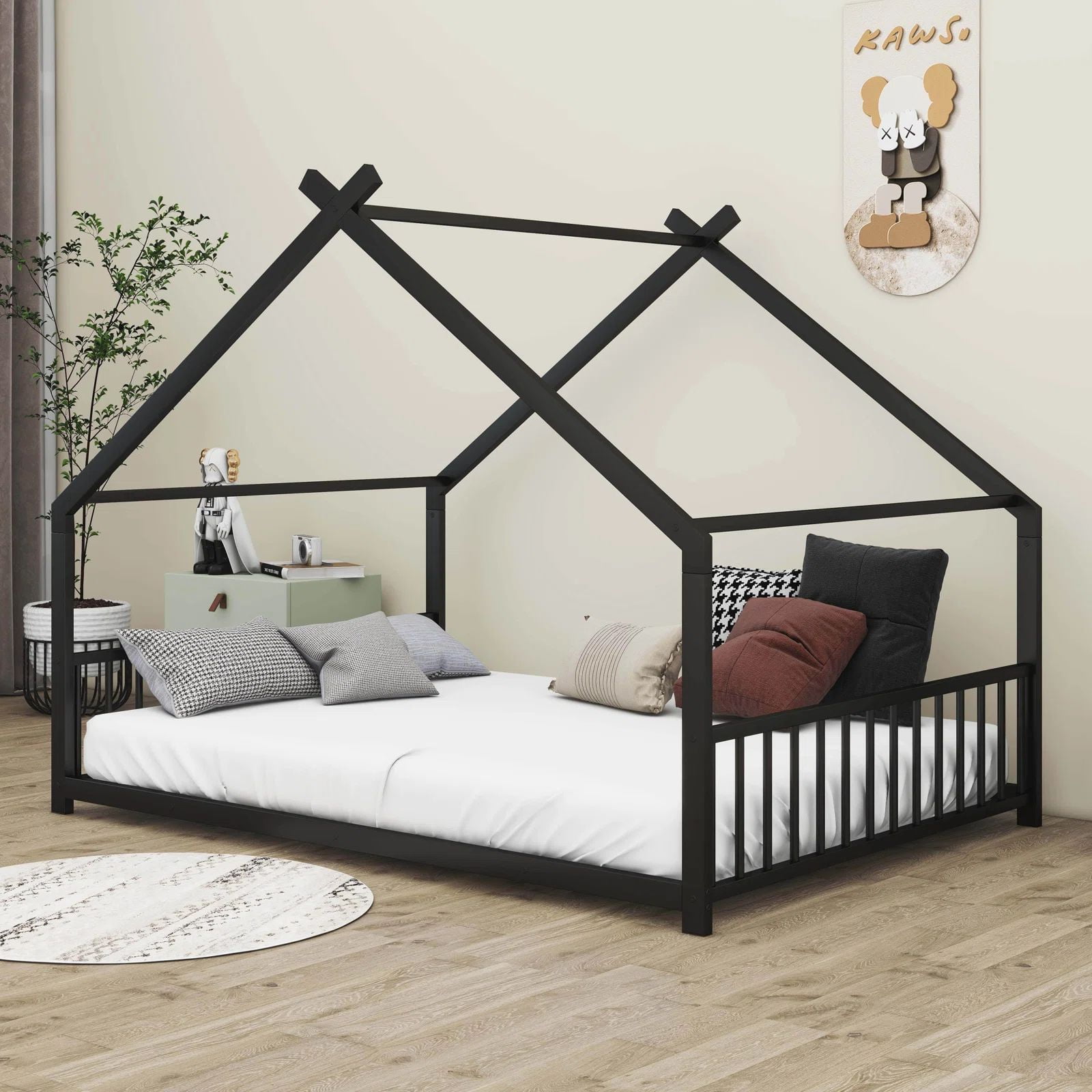 Aukfa Full Size Metal House Bed, Montessori Floor Bed for Kids Toddler, Black