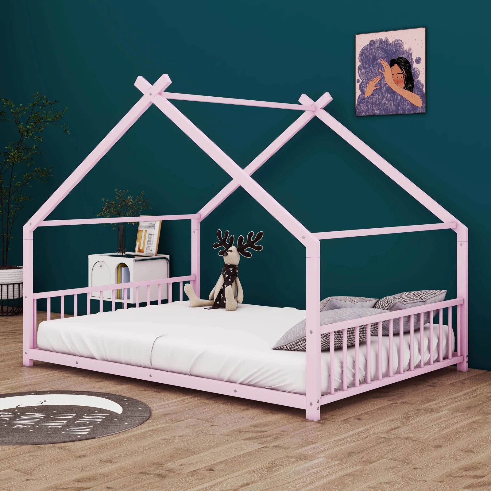 Aukfa Full Size Metal House Bed, Montessori Floor Bed for Kids