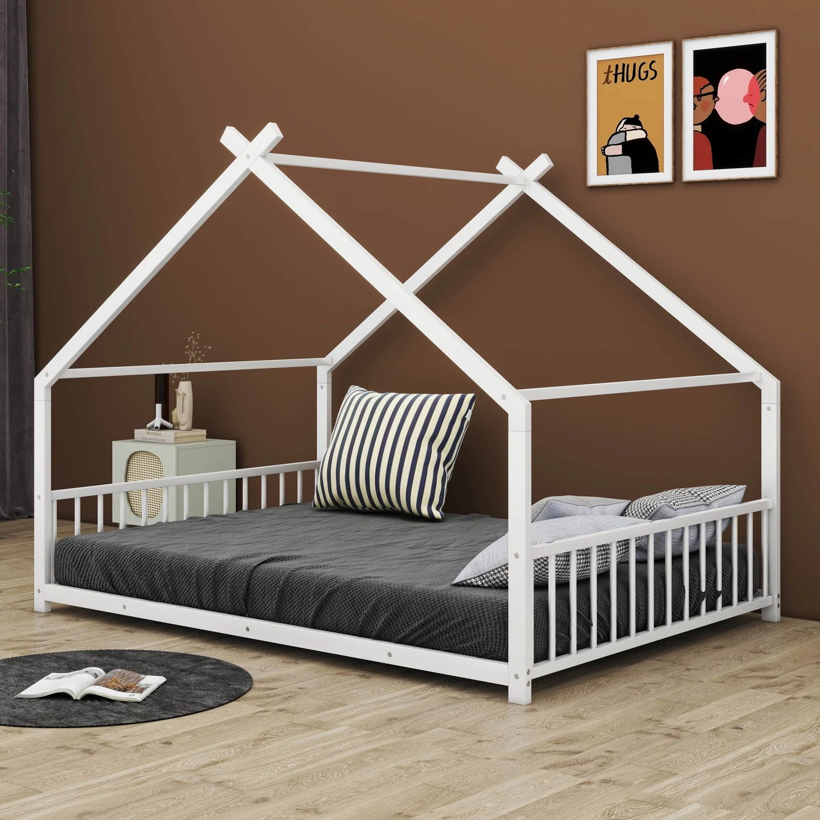 Aukfa Full Size Metal House Bed, Montessori Floor Bed for Kids Toddler, White