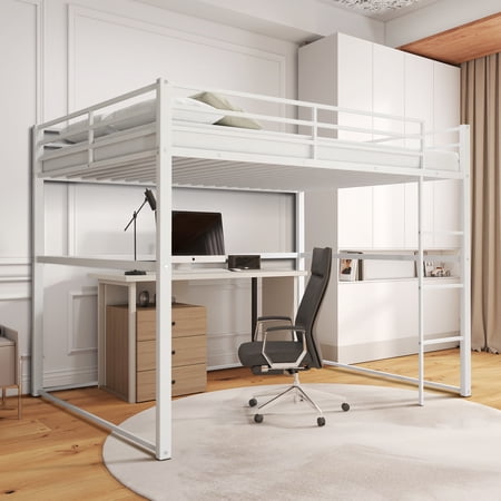 Aukfa Full Size Metal Loft Bed, Space-Saving Bed with Safety Guard Rails Kids Teens Adults, White