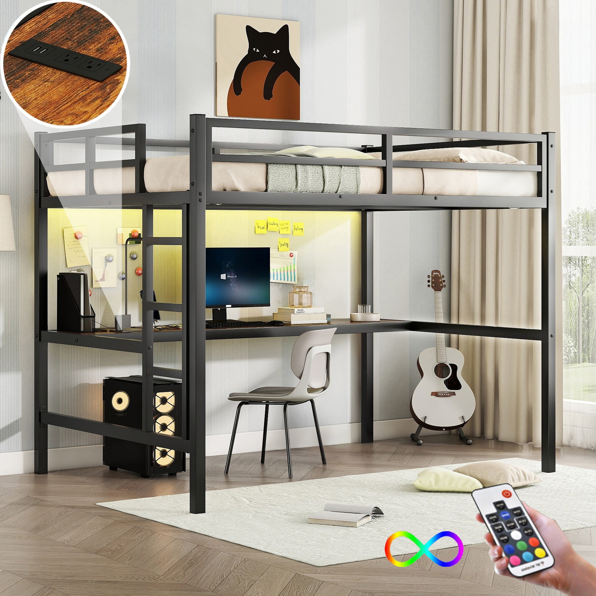 Aukfa Full Size Metal Loft Bed with Desk, Charging Station and LED Lights, Space-Saving, Heavy Duty, Black
