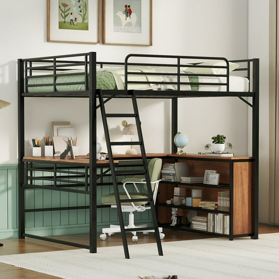 Aukfa Full Size Metal Loft Bed with Desk and Storage Shelves, Heavy Duty Bed Frame for Kids Adults - Black