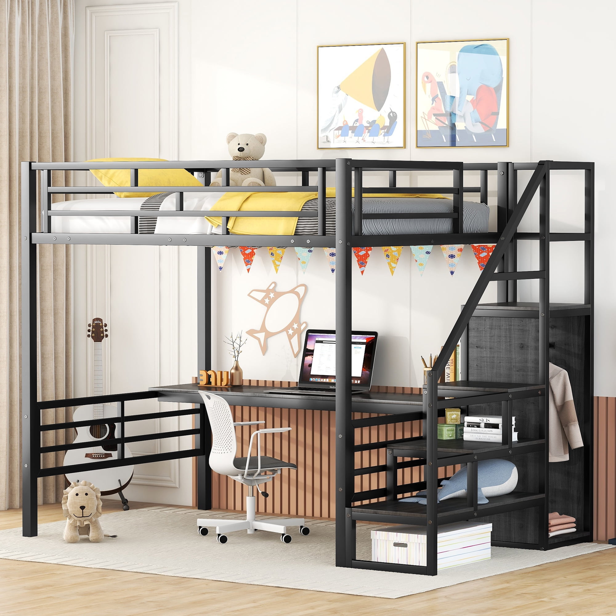 Aukfa Full Size Metal Loft Bed with Desk and Wardrobe, Staircase Loft Bed for Kids Teens - Black