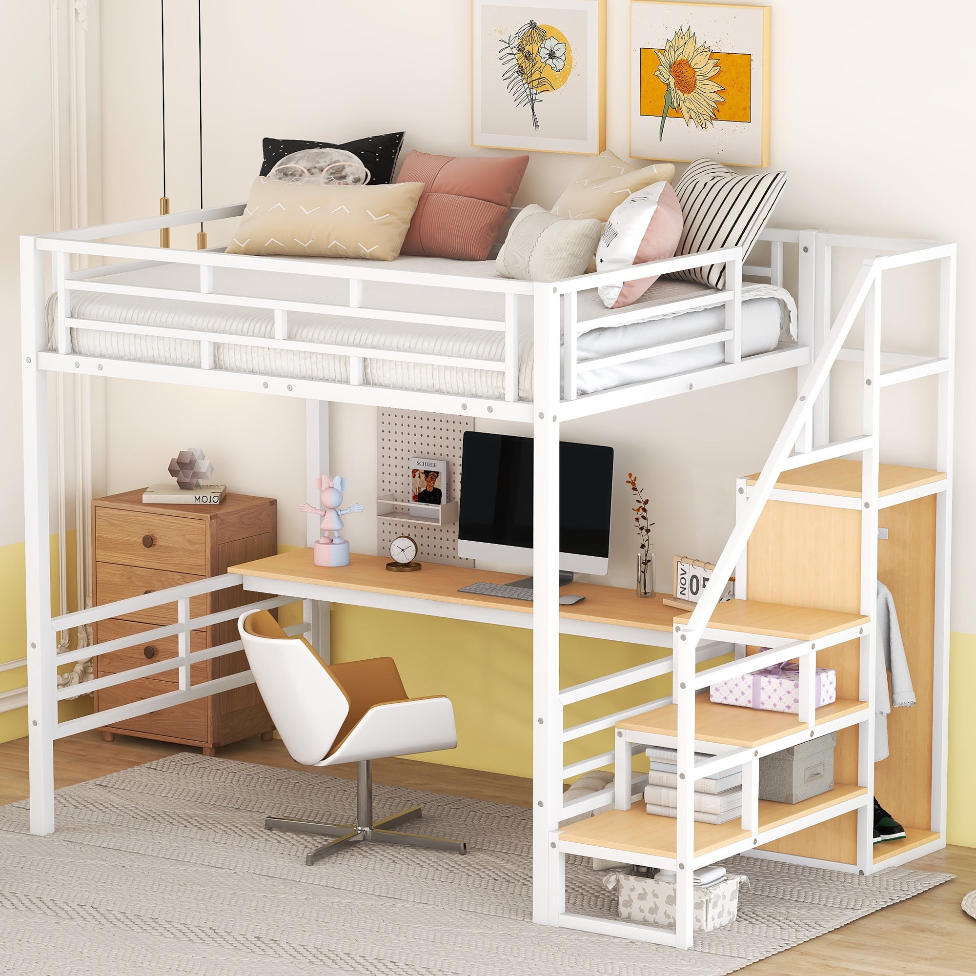 Aukfa Full Size Metal Loft Bed with Desk and Wardrobe, Staircase Loft Bed for Kids Teens - White