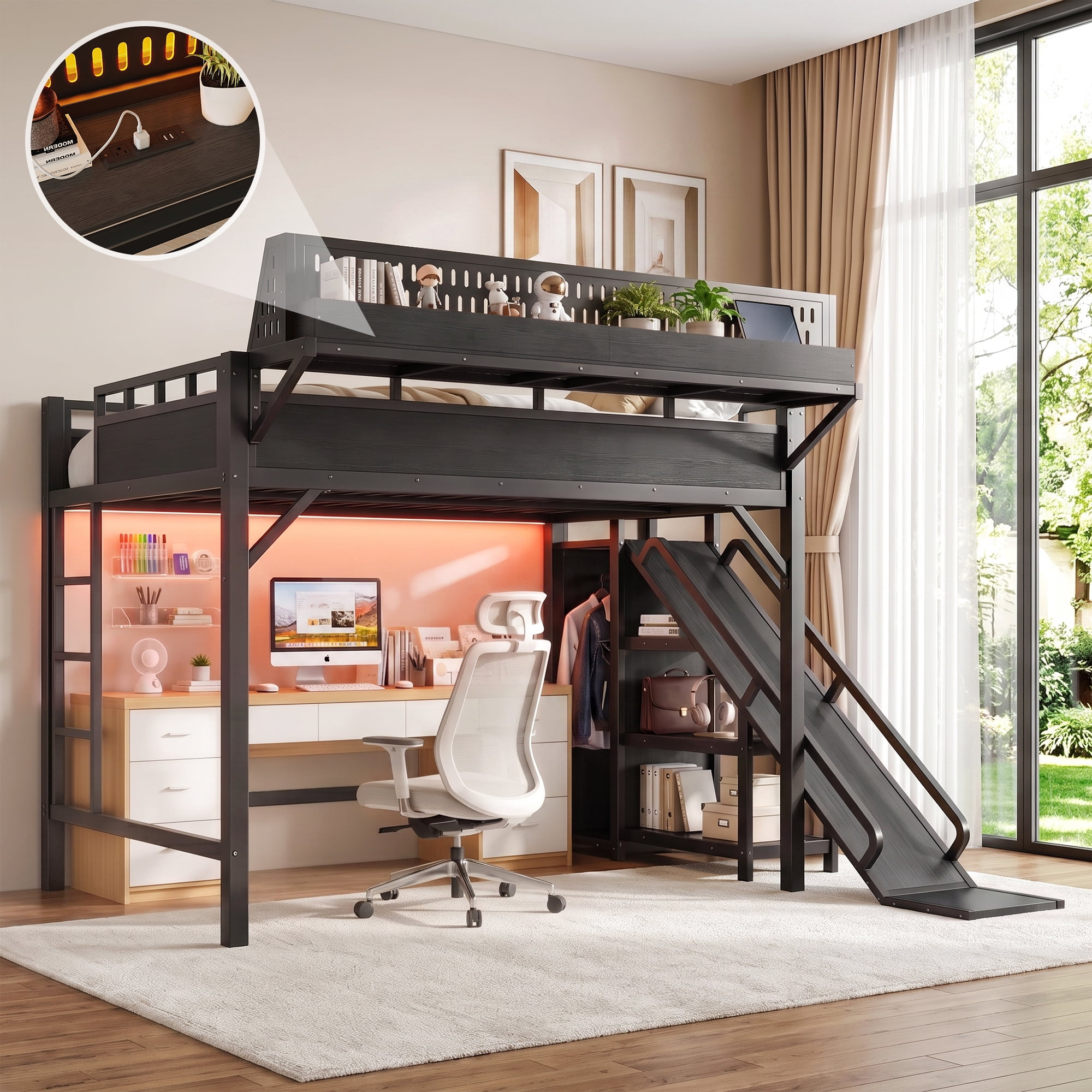 Aukfa Full Size Metal Loft Bed with Slide, Shelves, Wardrobe, USB Ports & LED Lights, Space-Saving Bed Frame for Kids Teens Adults, Black