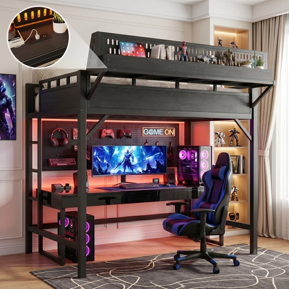 Aukfa Full Size Metal Loft Bed with USB Charging Ports, LED Lights & Bedside Shelves, Space-Saving Bed Frame for Kids & Adults, Black