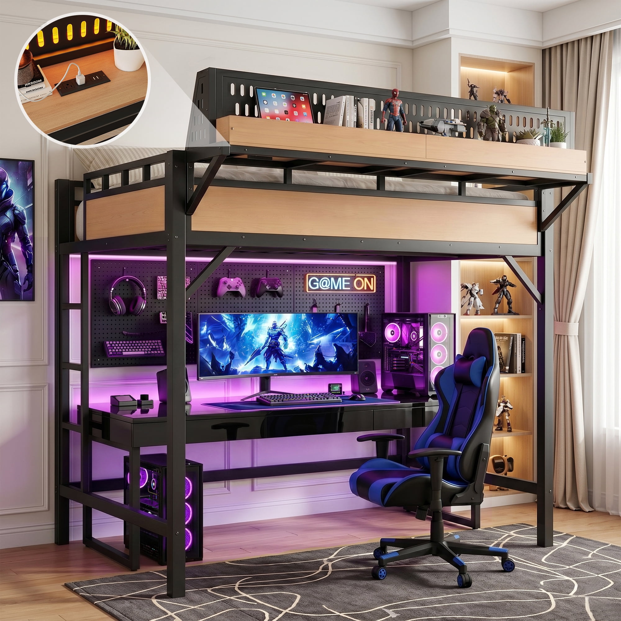 Aukfa Full Size Metal Loft Bed with USB Charging Ports & LED Lights, Heavy Duty Loft Bed with Guardrails for Kids, Adults & Small Bedroom, Natural