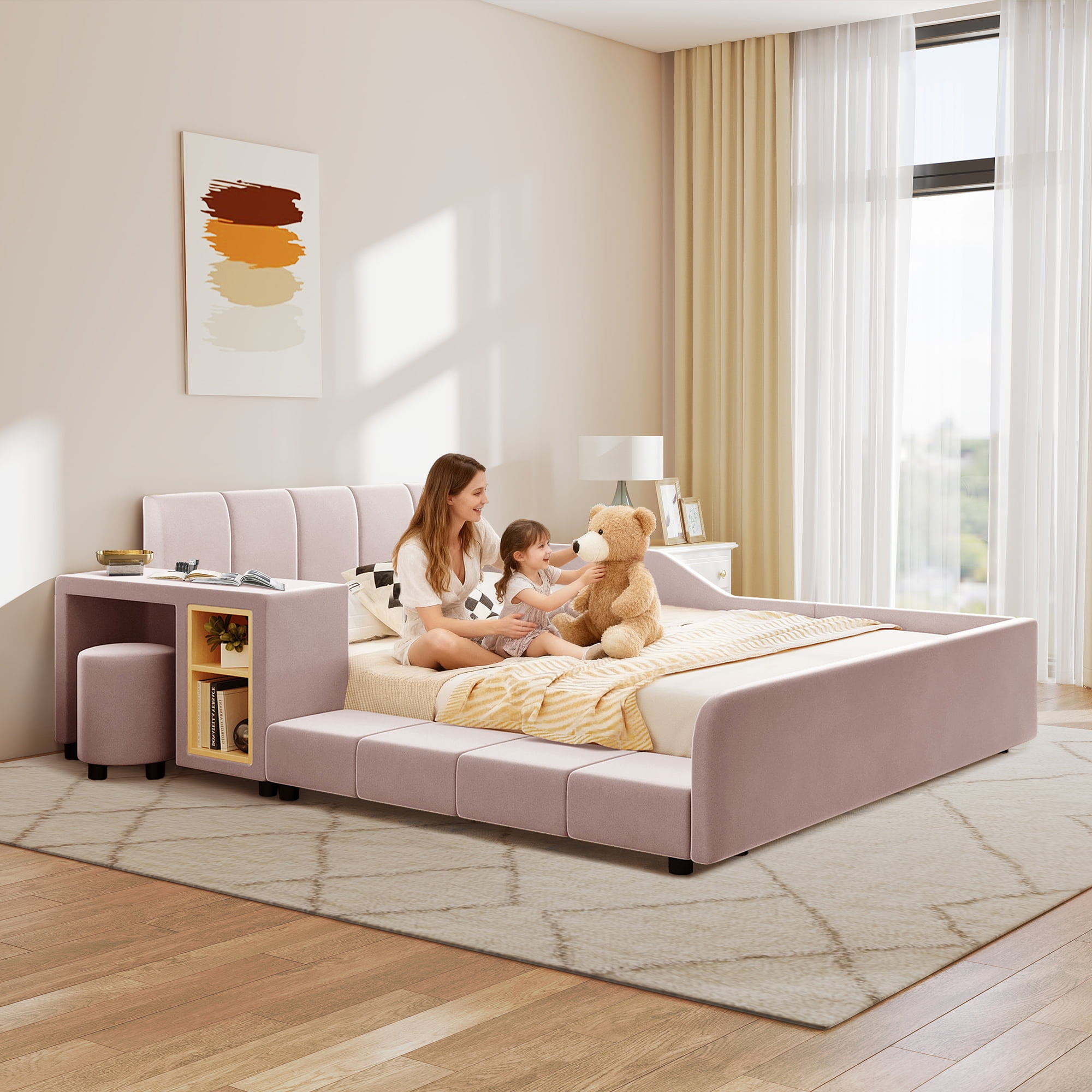 Aukfa Full Size Mother & Child Bed Frame, Velvet Upholstered Platform Bed with Bedside Desk & Stool, Grounded Design, Pink