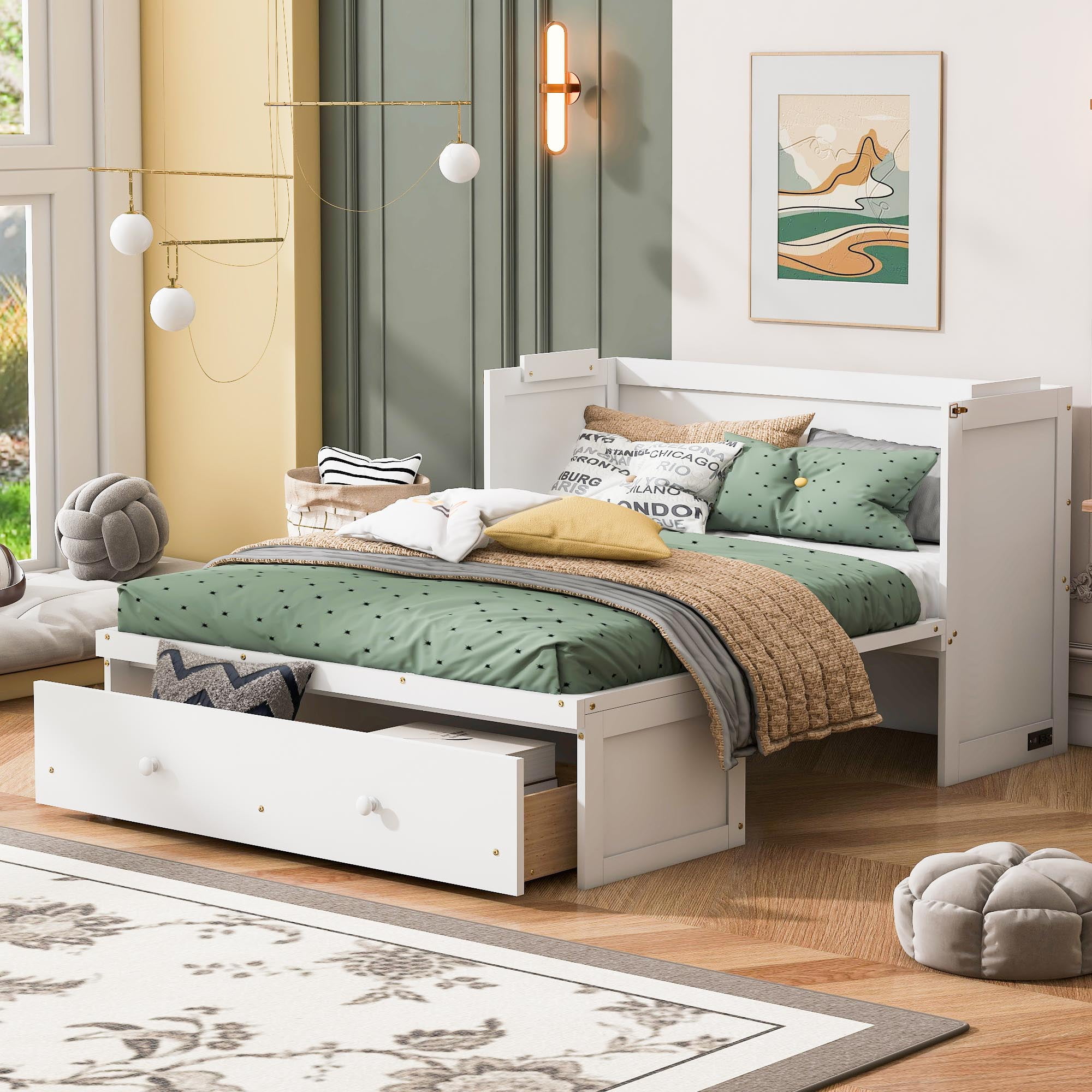 Aukfa Full Size Murphy Bed with Charging Station, Cabinet Bed with Storage Drawers for Home/Office/Small Room, Full Foldable Platform Bed, White