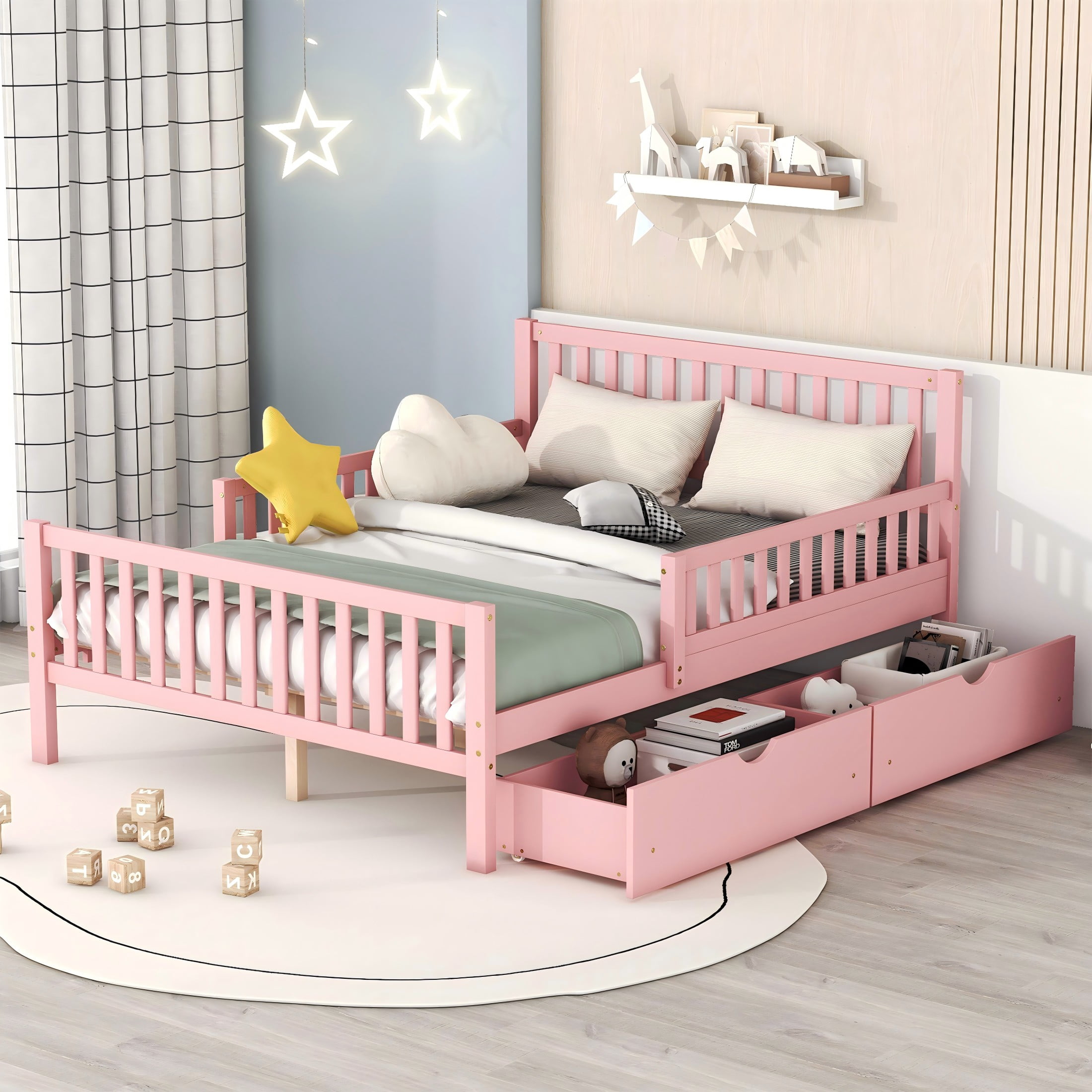 Full Size Retro Pink Wood Platform Bed Frame