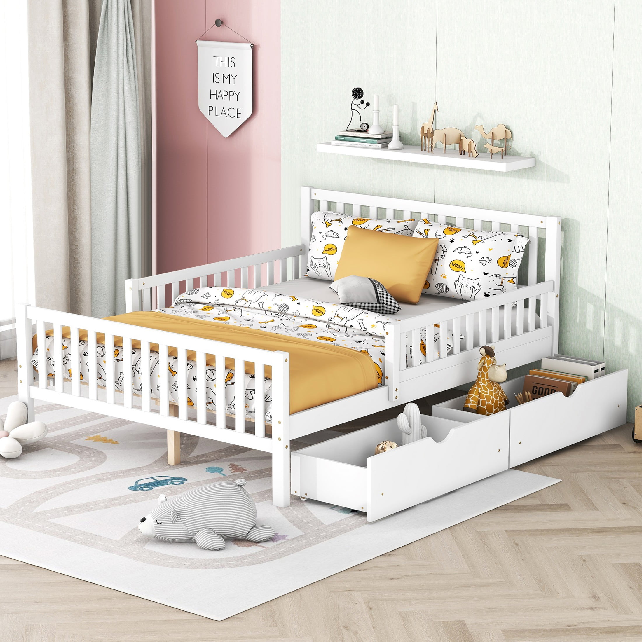 Aukfa Full Size Platform Bed with Storage Drawers and Safe Rails, Wood Bed Frame, White