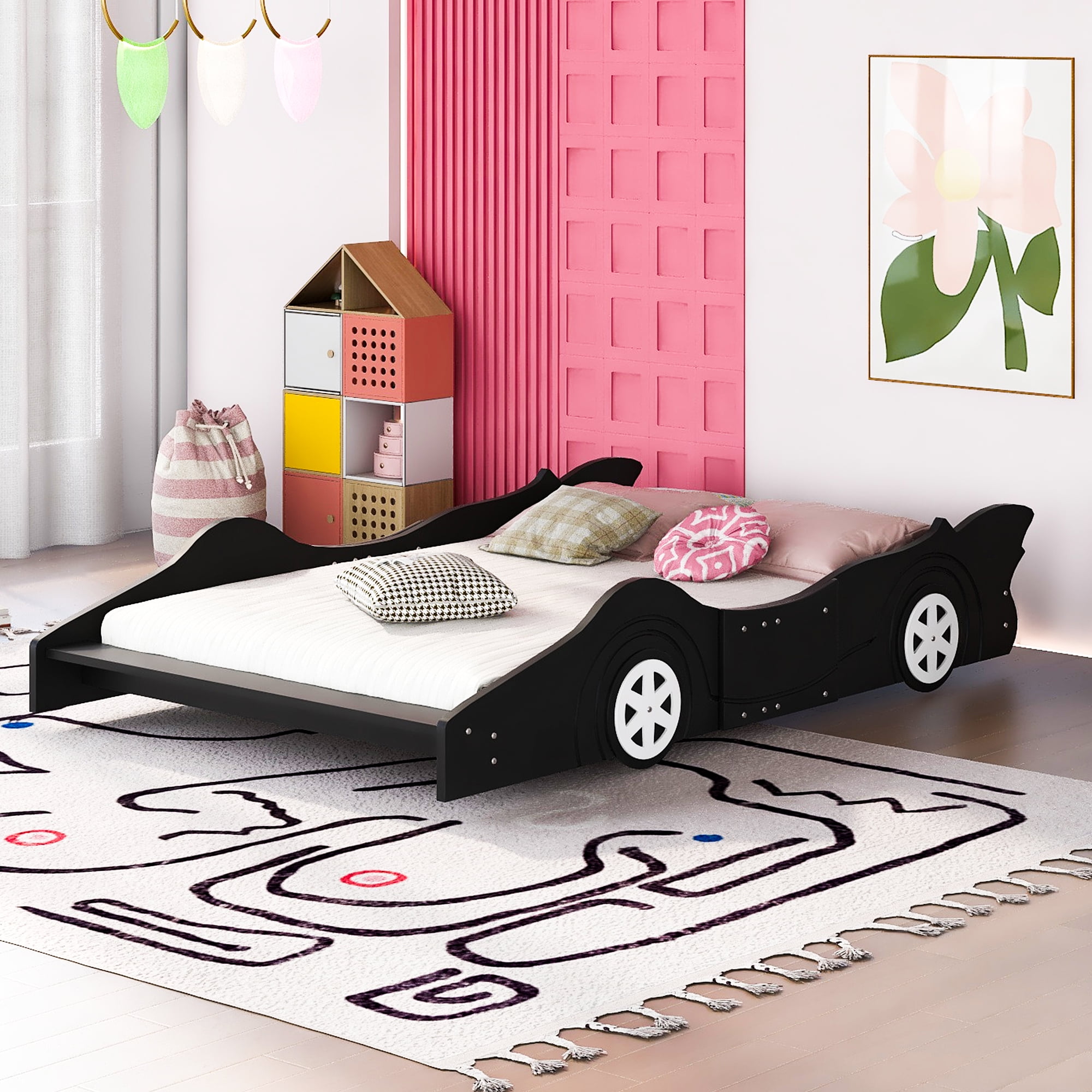 Aukfa Full Size Race Car Bed, Wood Toddler Bed with Wheels, Black ...