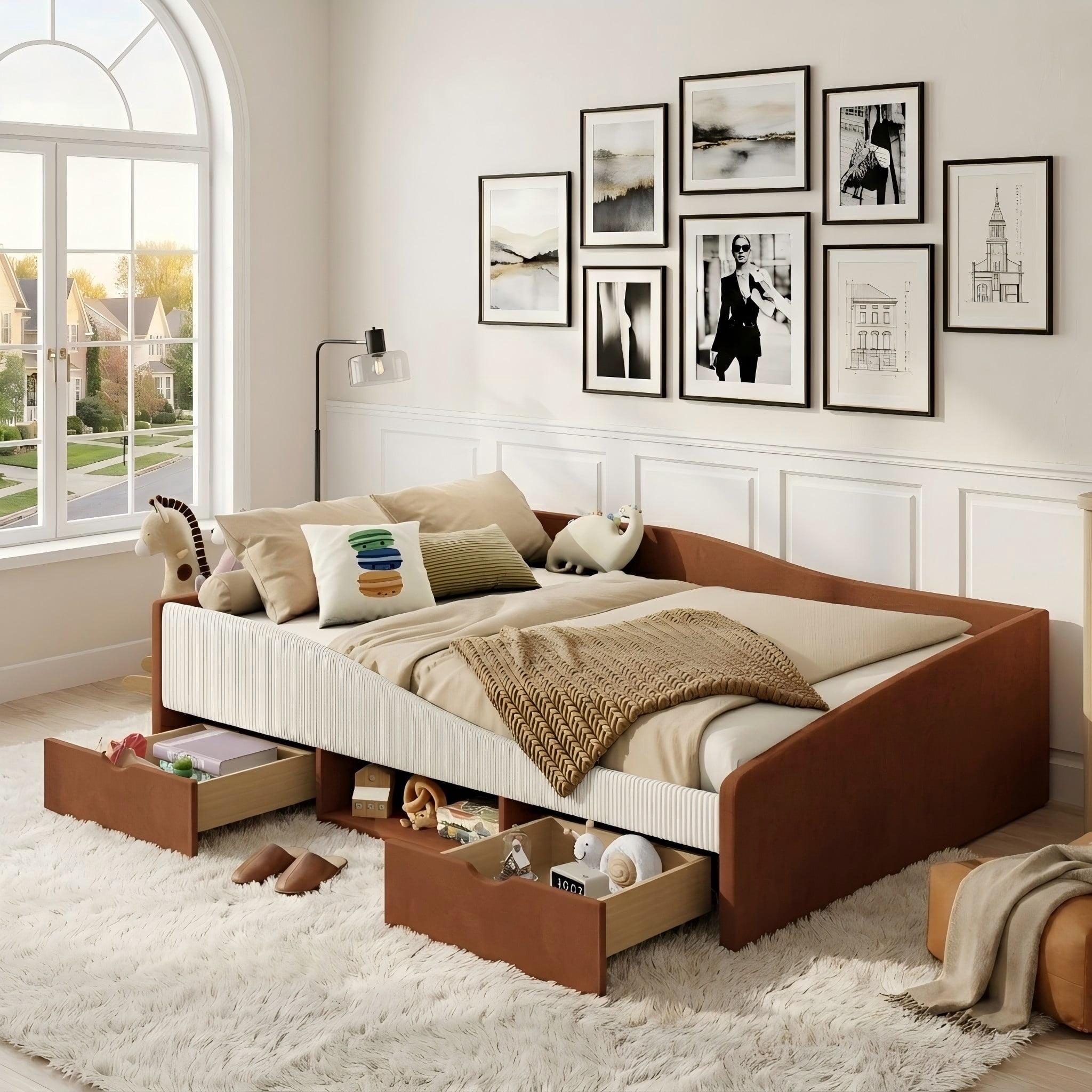 Aukfa Full Size Upholstered Daybed with 2 Storage Drawers, Shelf and Curved Guardrails, Velvet Bed Frame, Brown