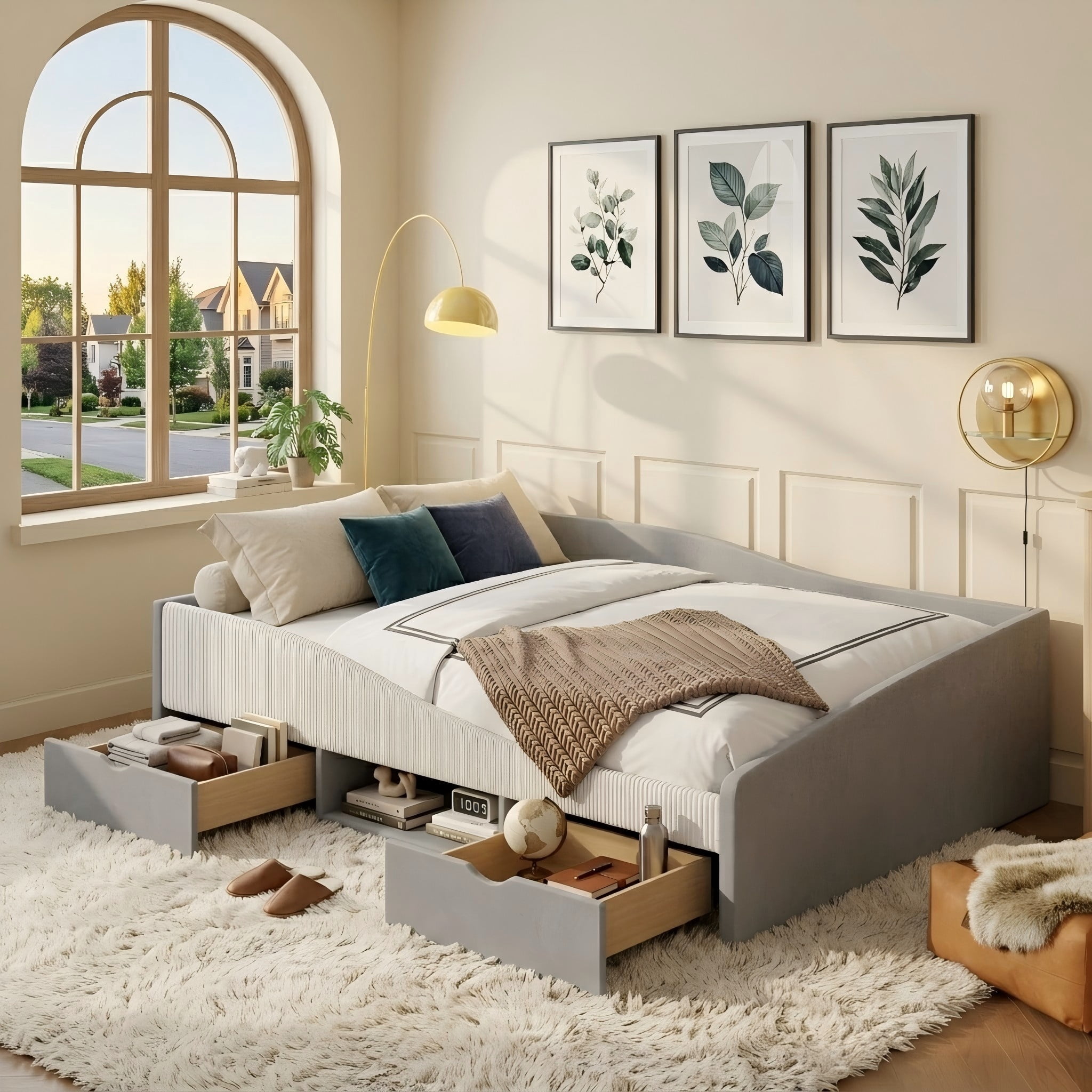 Aukfa Full Size Upholstered Daybed with 2 Storage Drawers, Shelf and Curved Guardrails, Velvet Bed Frame, Gray