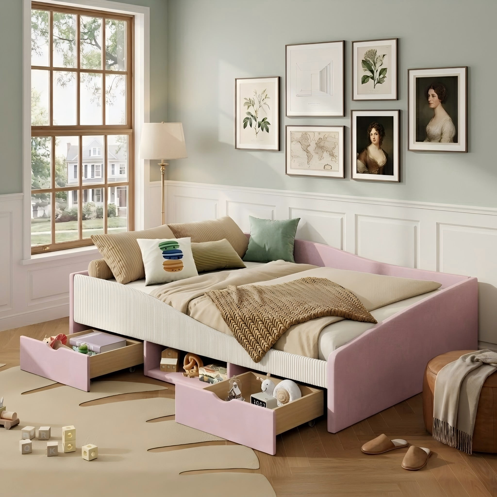 Aukfa Full Size Upholstered Daybed with 2 Storage Drawers, Shelf and Curved Guardrails, Velvet Bed Frame, Pink