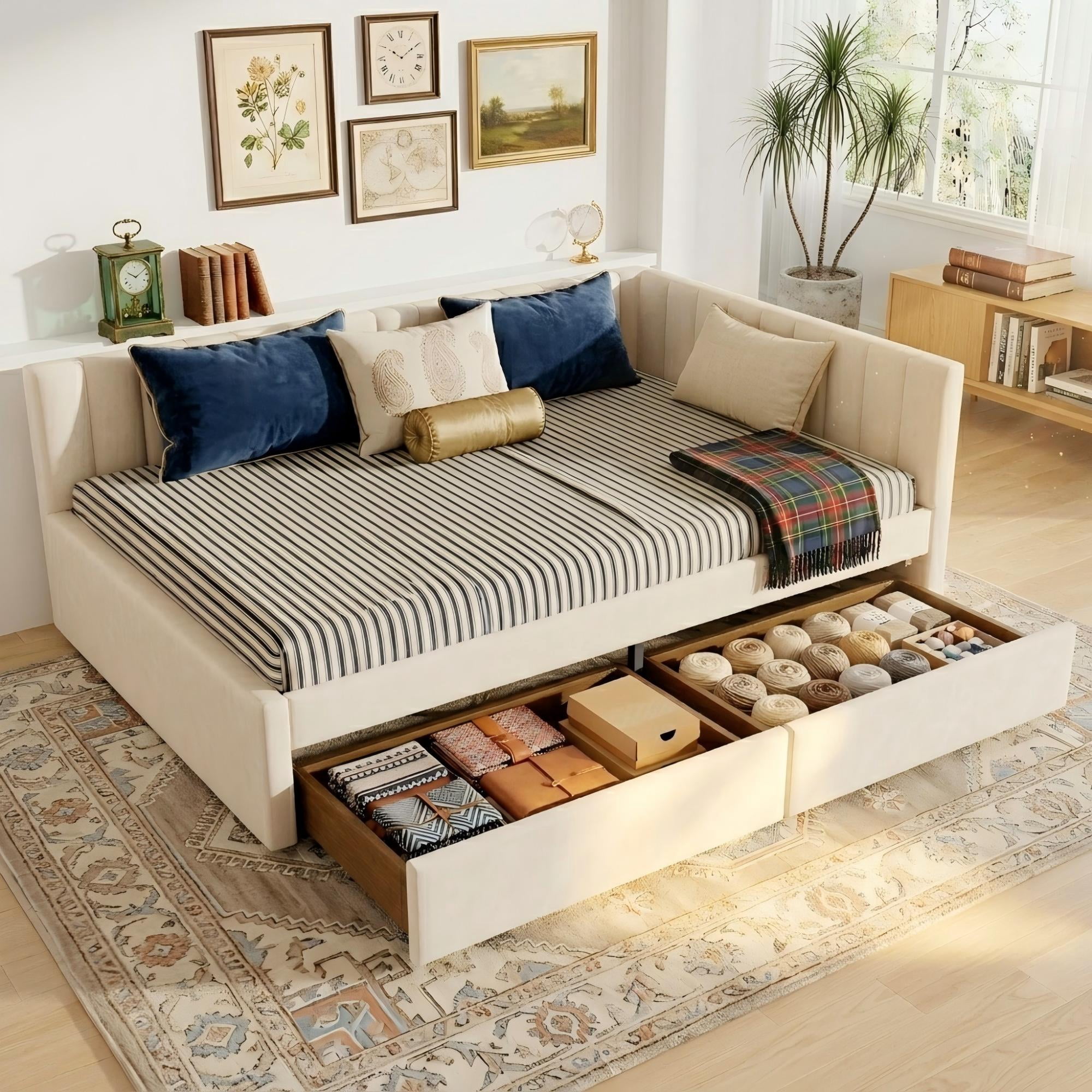 Aukfa Full Size Upholstered Daybed with 2 Storage Drawers, Velvet L-Shaped Channel-Tufted Headboard, Beige