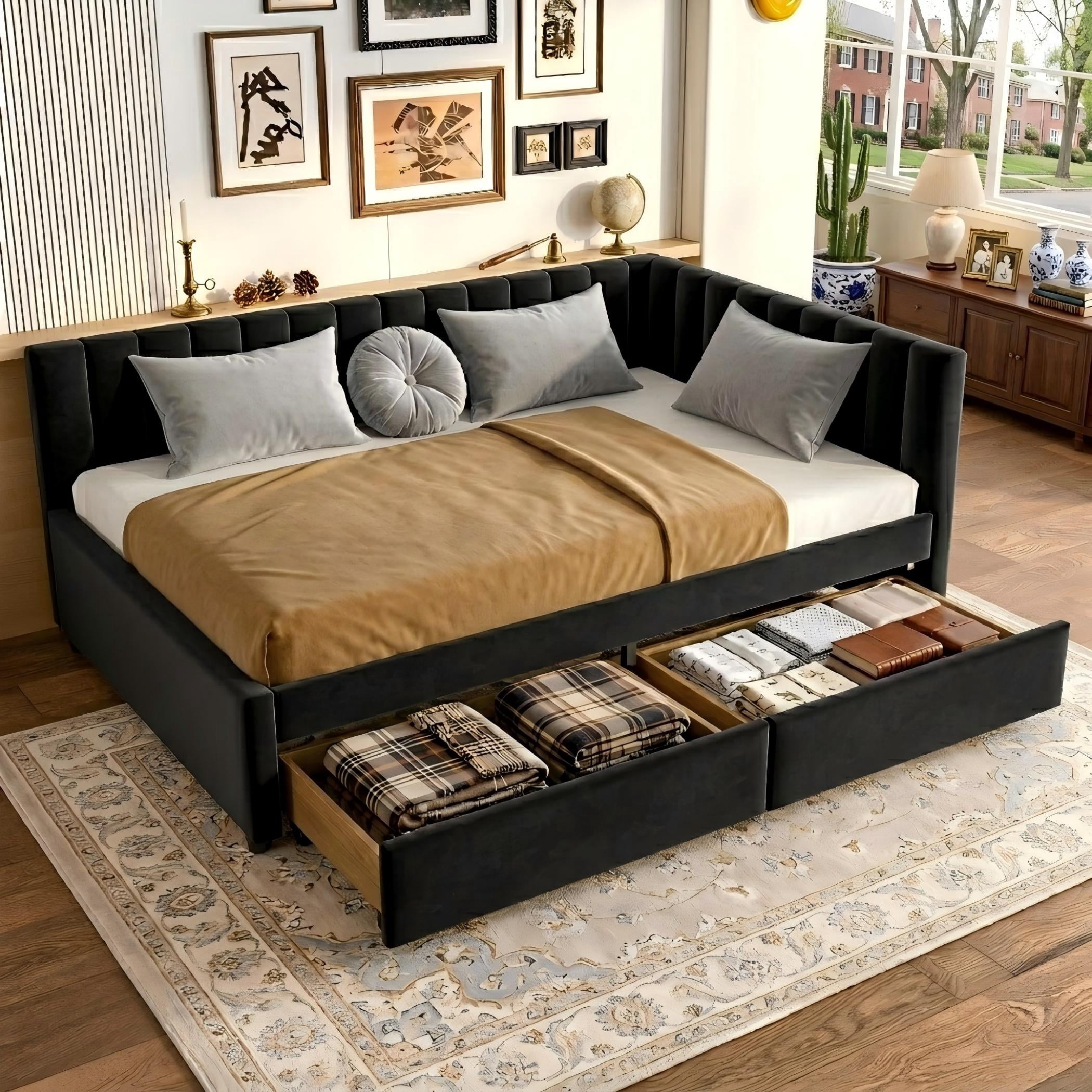 Aukfa Full Size Upholstered Daybed with 2 Storage Drawers, Velvet L-Shaped Channel-Tufted Headboard, Black