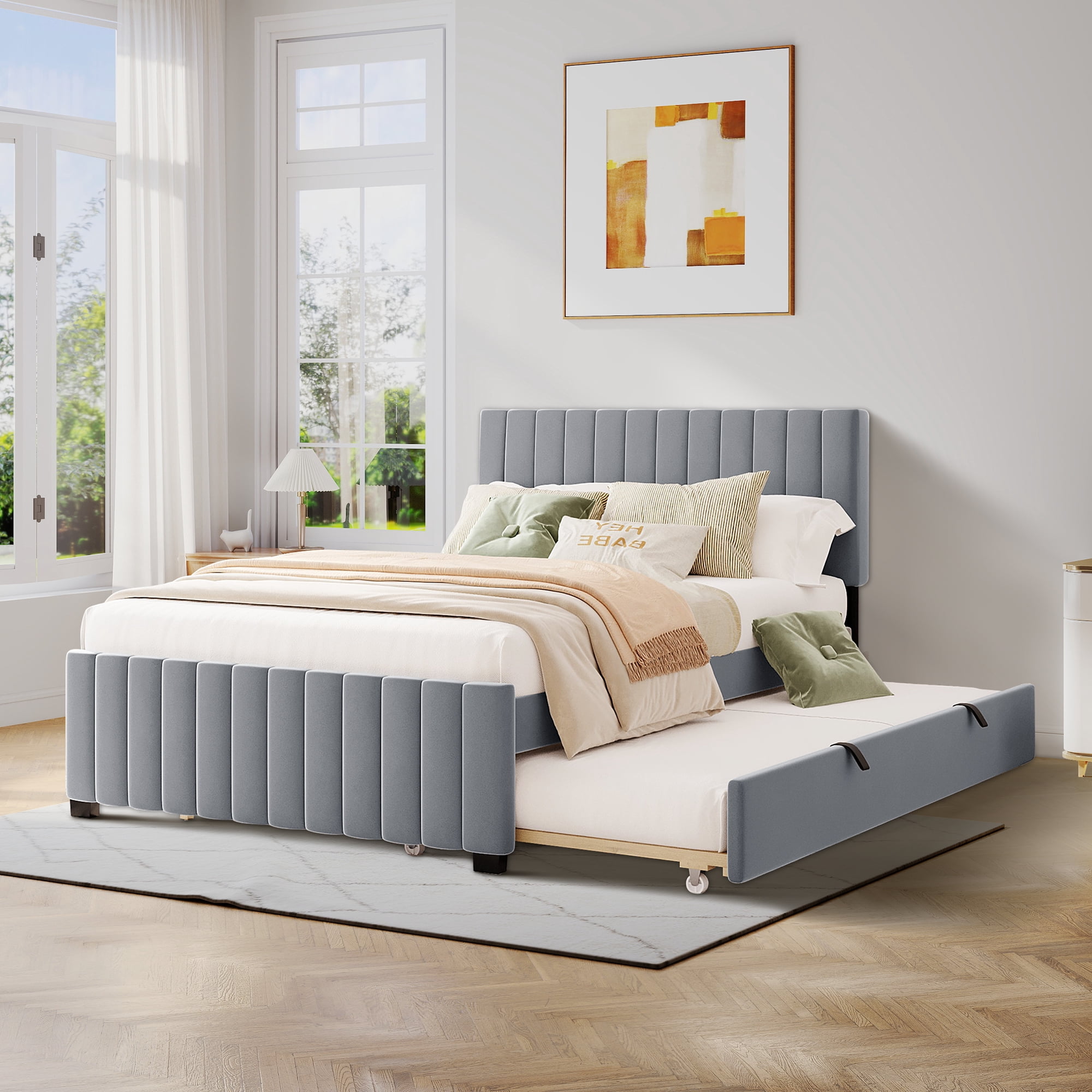 Aukfa Full Size Upholstered Platform Bed Frame with Twin Size Trundle for Bedroom,Guestroom, Gray